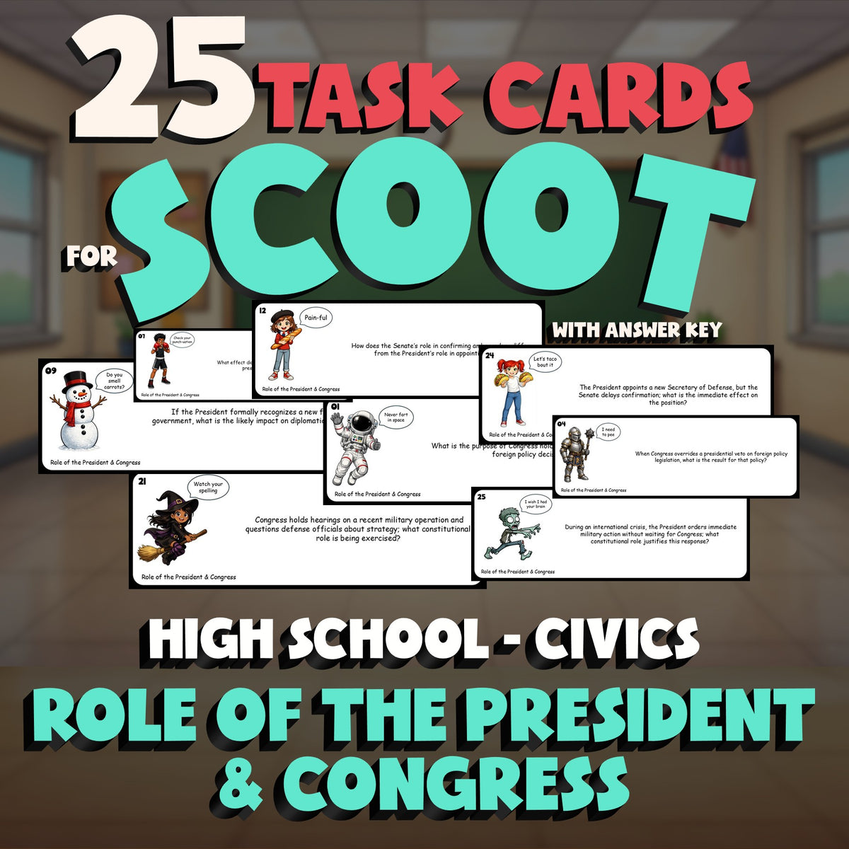 Role of the President & Congress SCOOT TASK CARDS Civics Game - No Prep Review