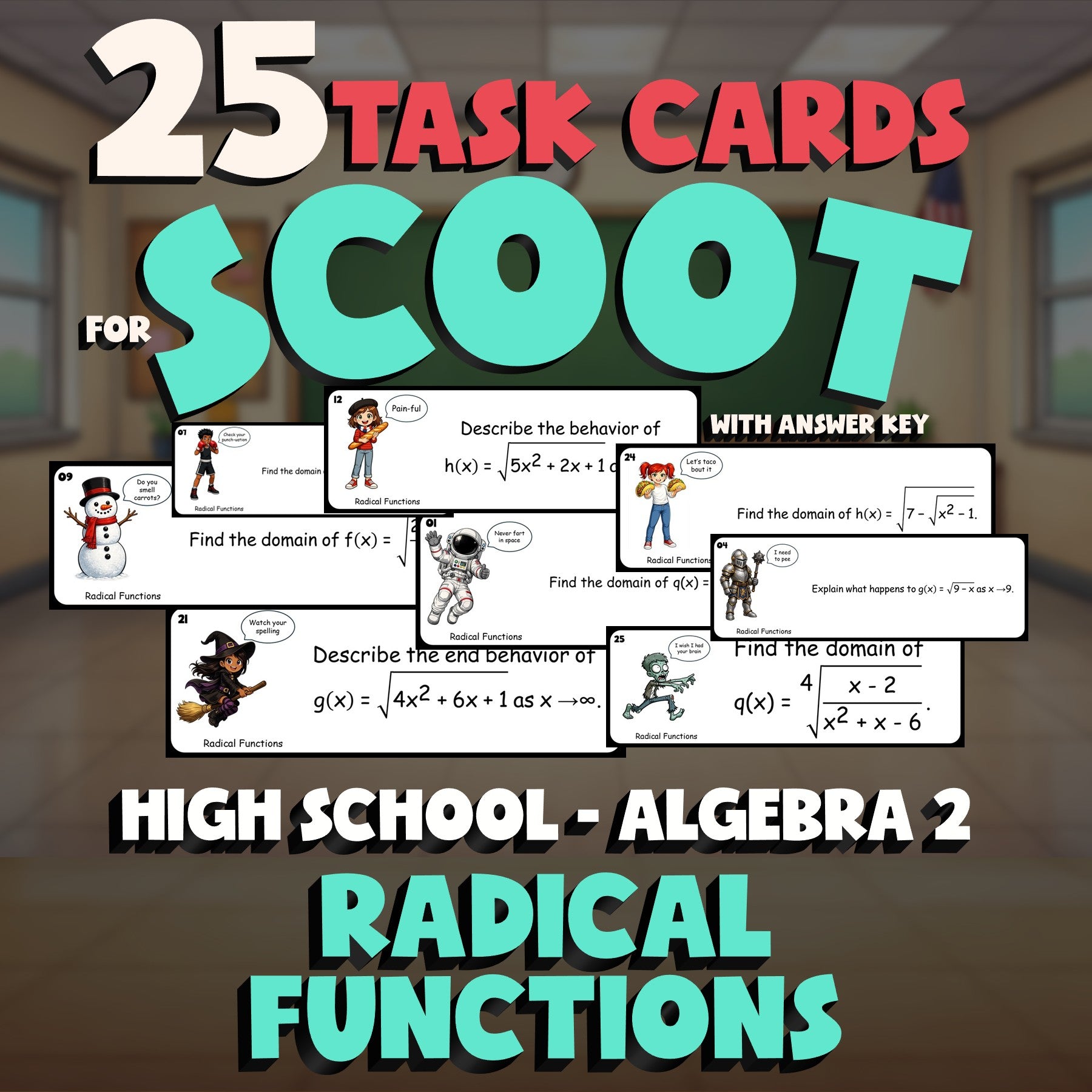 Radical Functions SCOOT TASK CARDS Math Game - No Prep Algebra 2 Review Activity