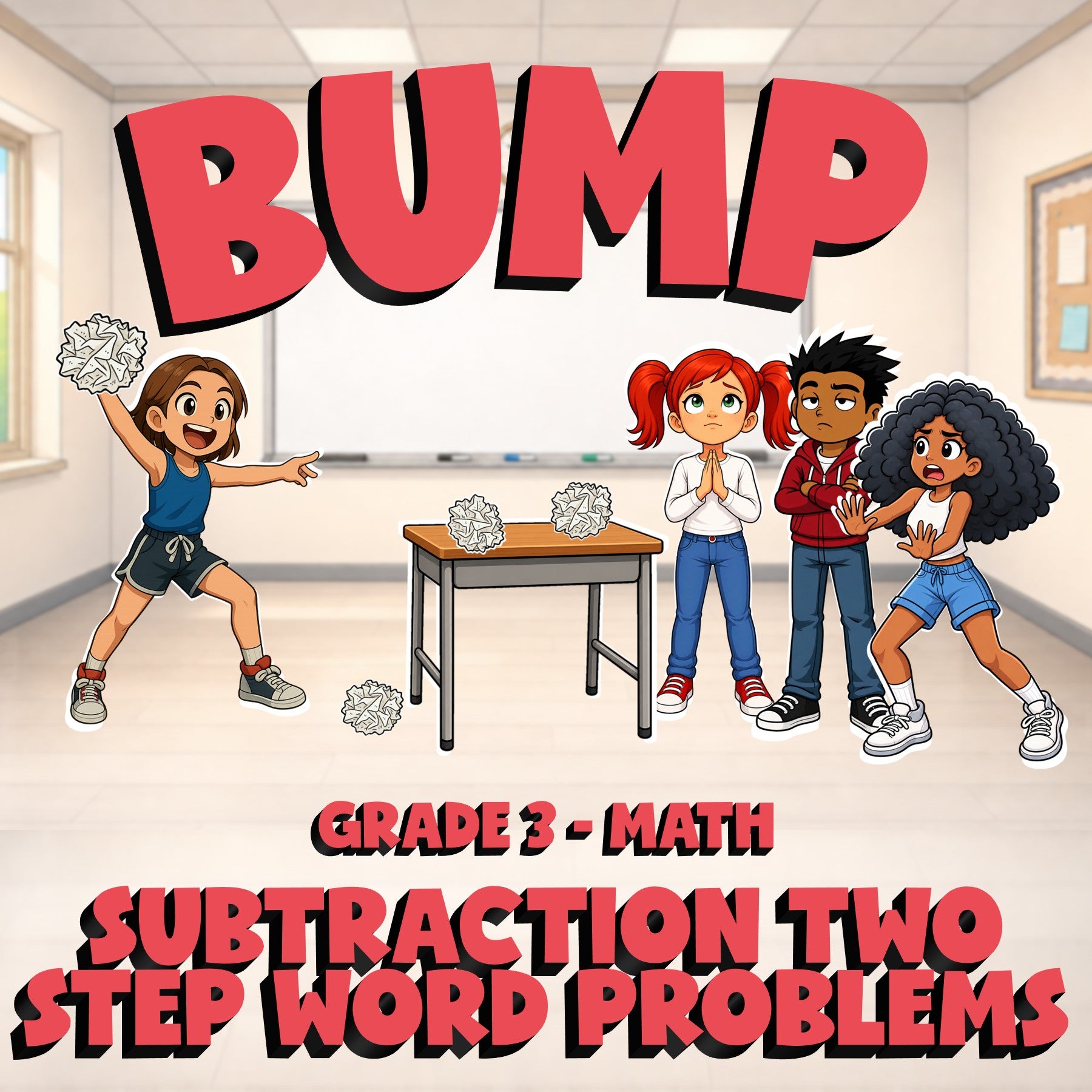 Subtraction Two Step Word Problems BUMP Math Game - No Prep Grade 3 Review