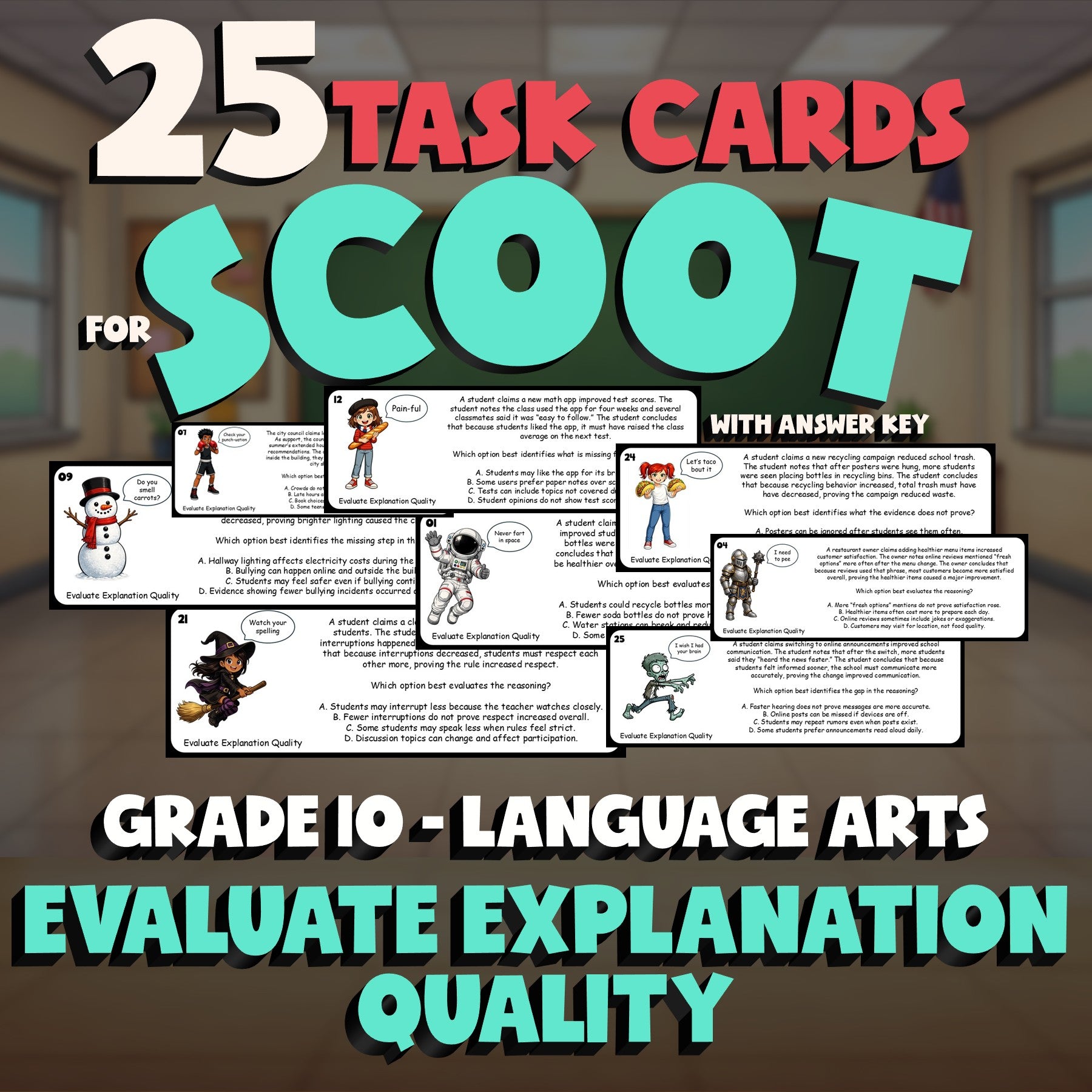 Evaluate Explanation Quality SCOOT TASK CARDS ELA Game - No Prep Grade 10 Review