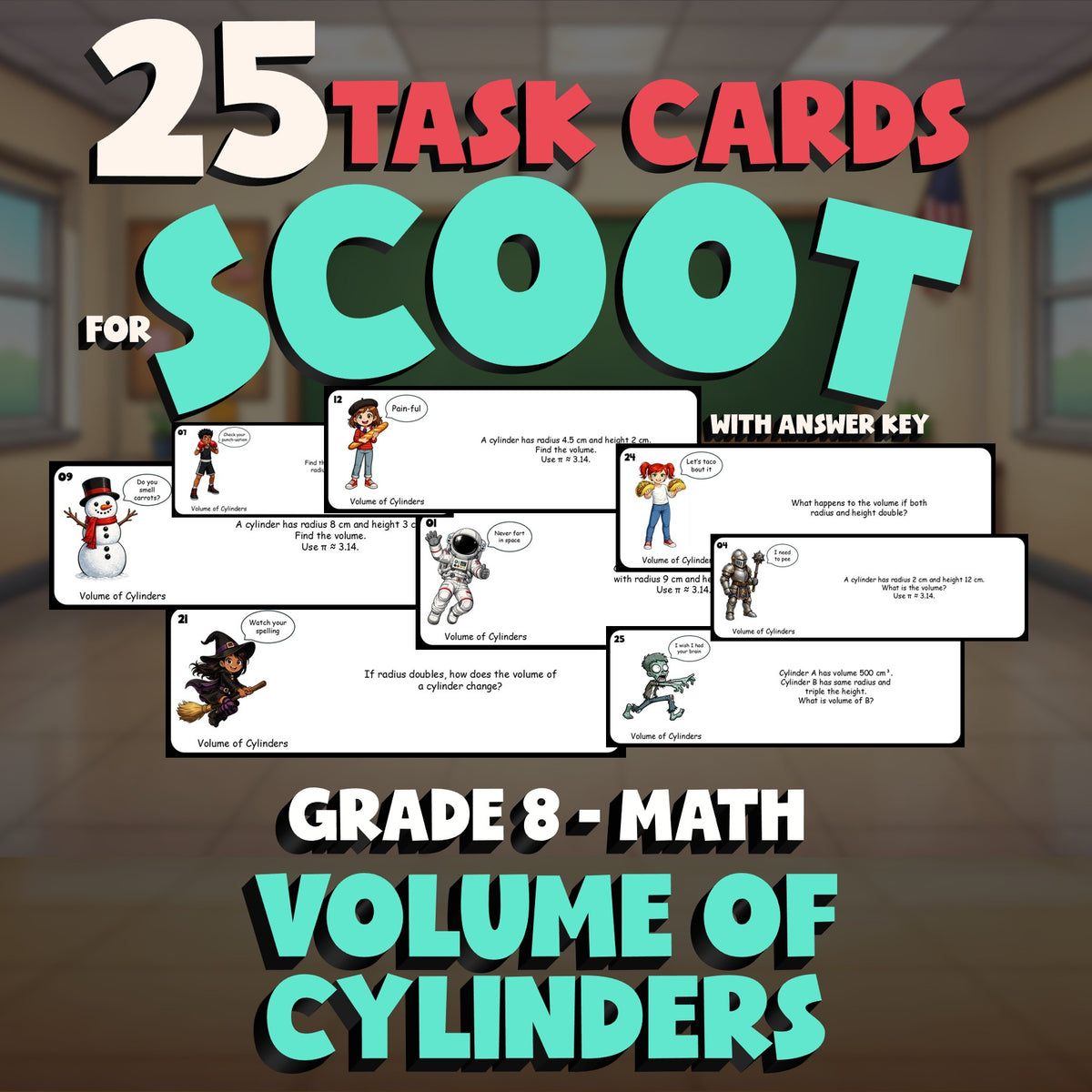 Volume of Cylinders SCOOT TASK CARDS Math Game - No Prep Grade 8 Review Activity