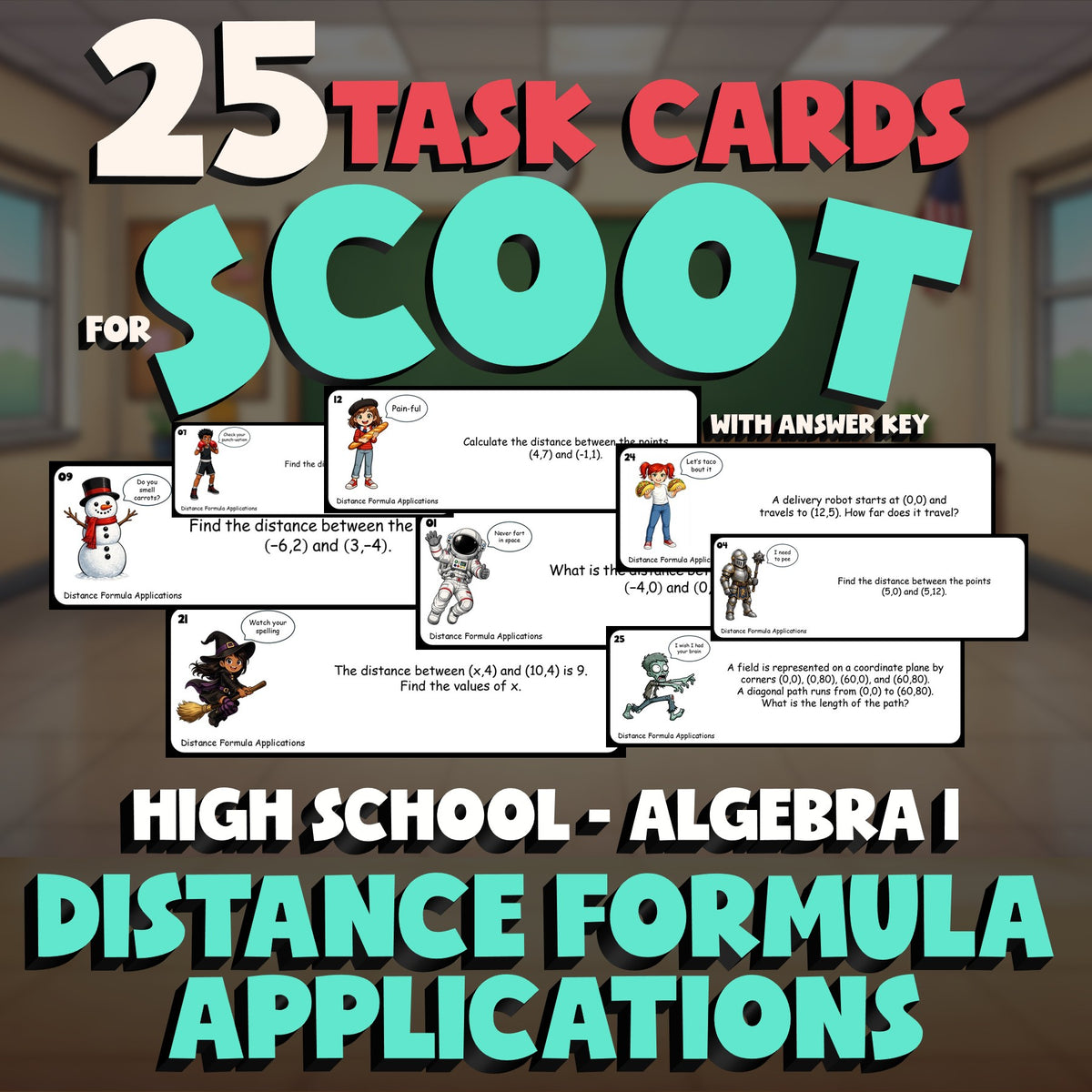 Distance Formula Applications SCOOT TASK CARDS Math Game - No Prep Algebra 1