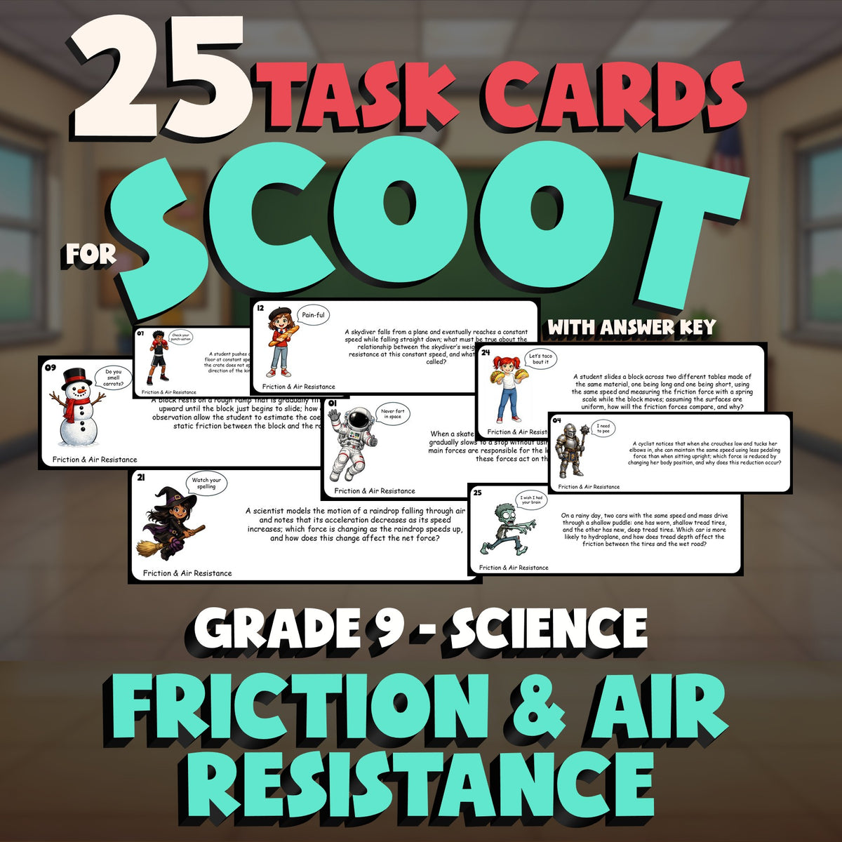 Friction & Air Resistance SCOOT TASK CARDS Science Game - No Prep Grade 9 Review