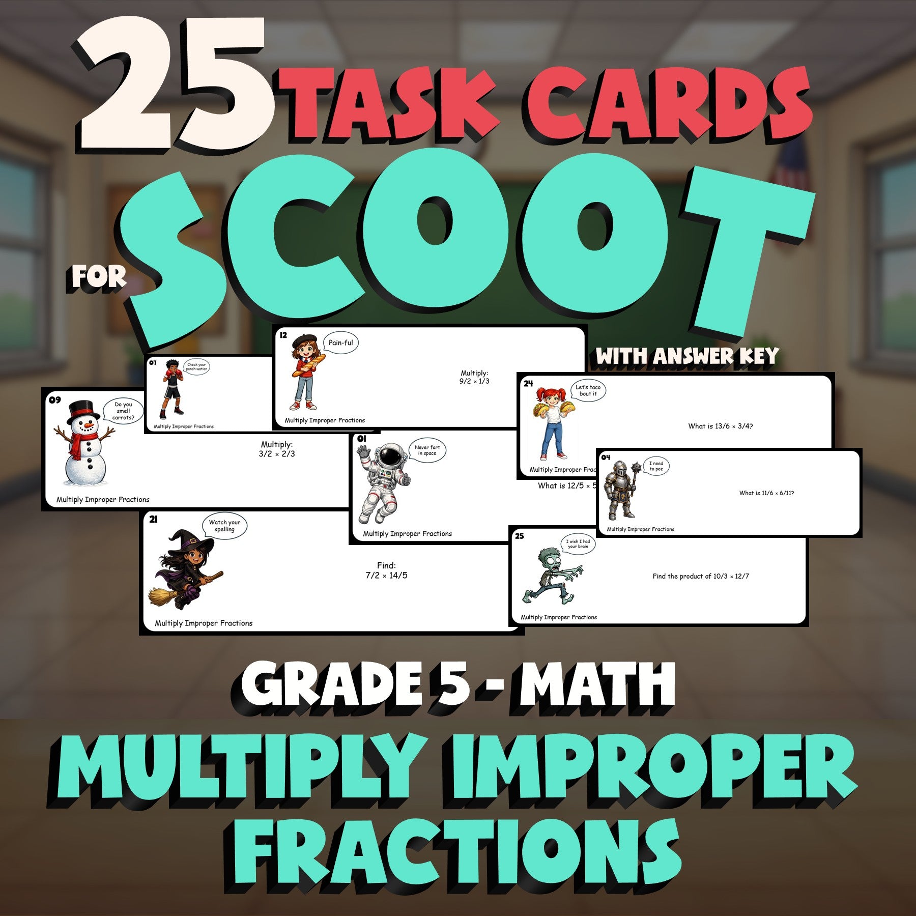 Multiply Improper Fractions SCOOT TASK CARDS Math Game - No Prep Grade 5 Review