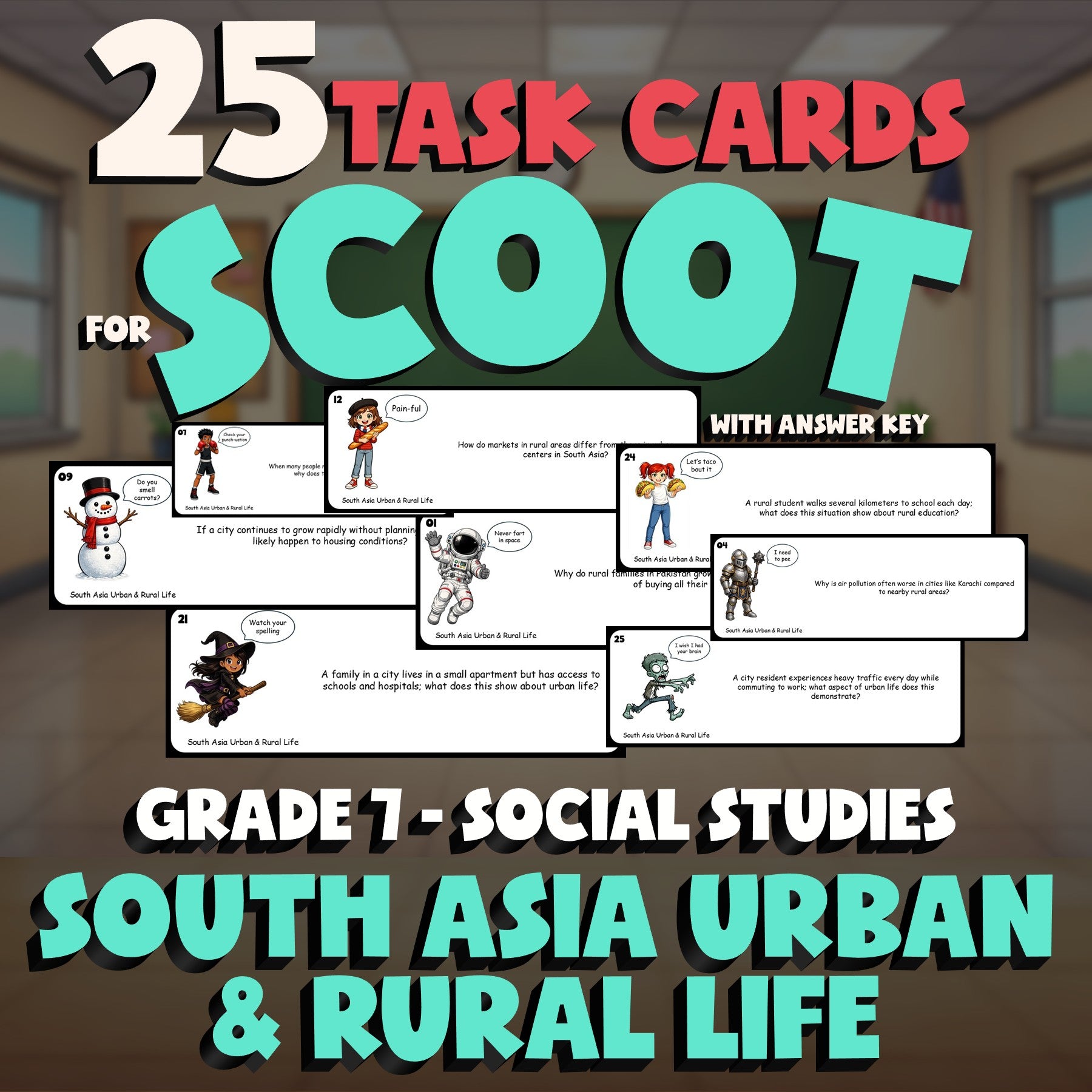 South Asia Urban & Rural Life SCOOT TASK CARDS Socials Game - No Prep Grade 7
