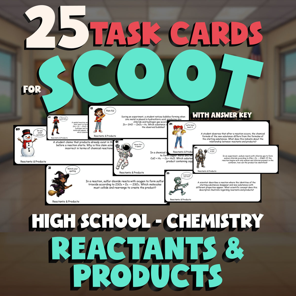 Reactants & Products SCOOT TASK CARDS Science Game - No Prep Chemistry Review