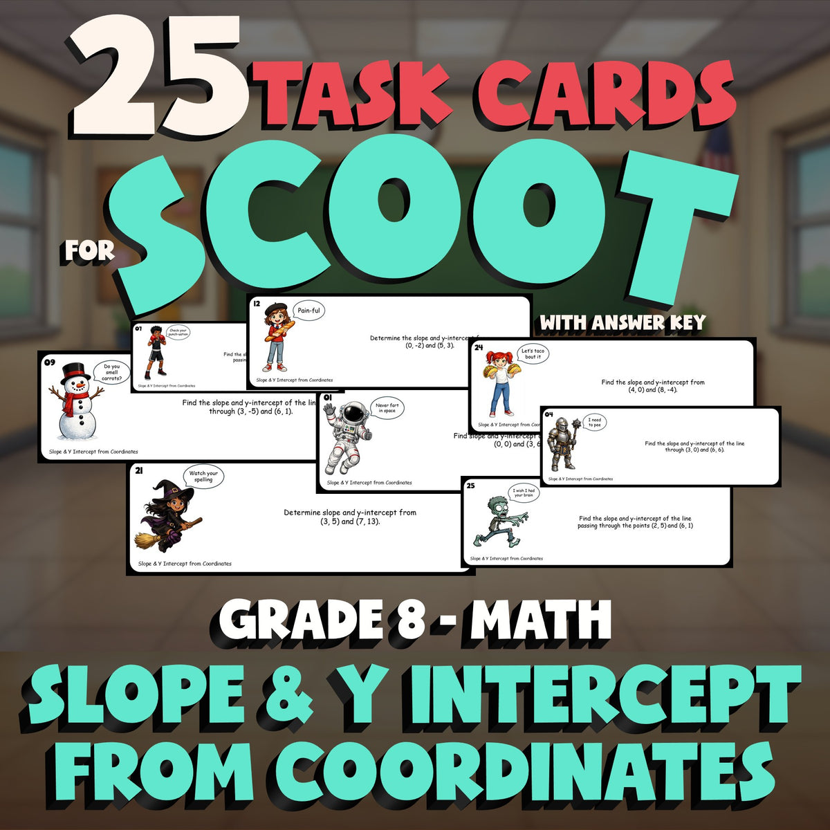 Slope & Y Intercept from Coordinates SCOOT TASK CARDS Math Game - Grade 8