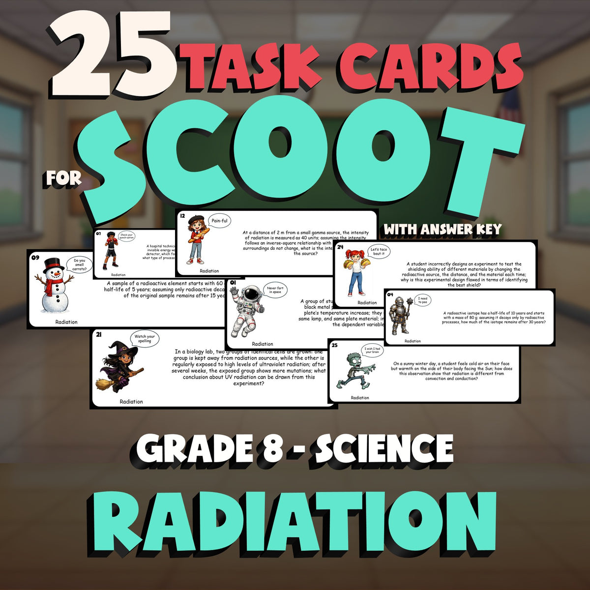 Radiation SCOOT TASK CARDS Science Game - No Prep Grade 8 Review Activity