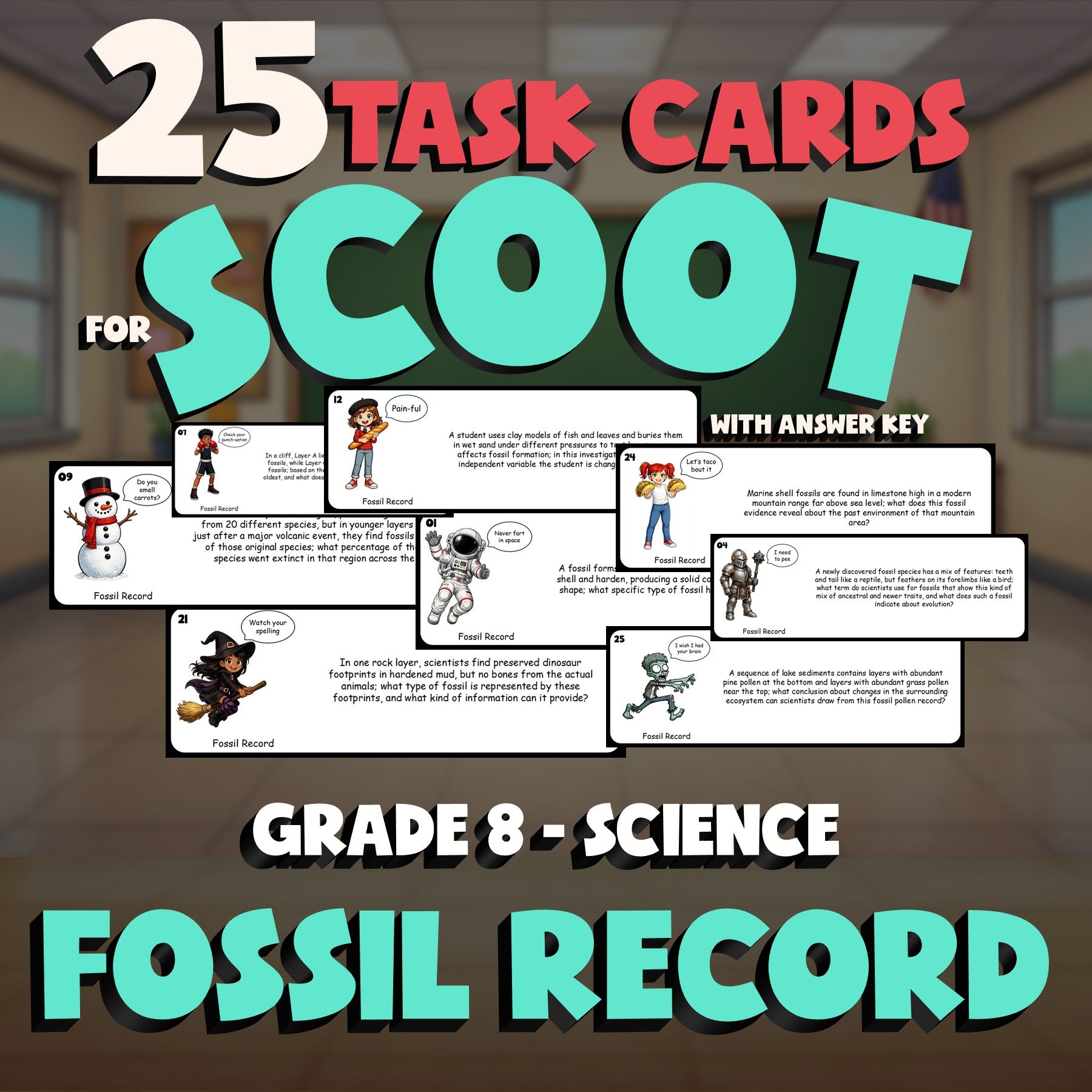 Fossil Record SCOOT TASK CARDS Science Game - No Prep Grade 8 Review Activity