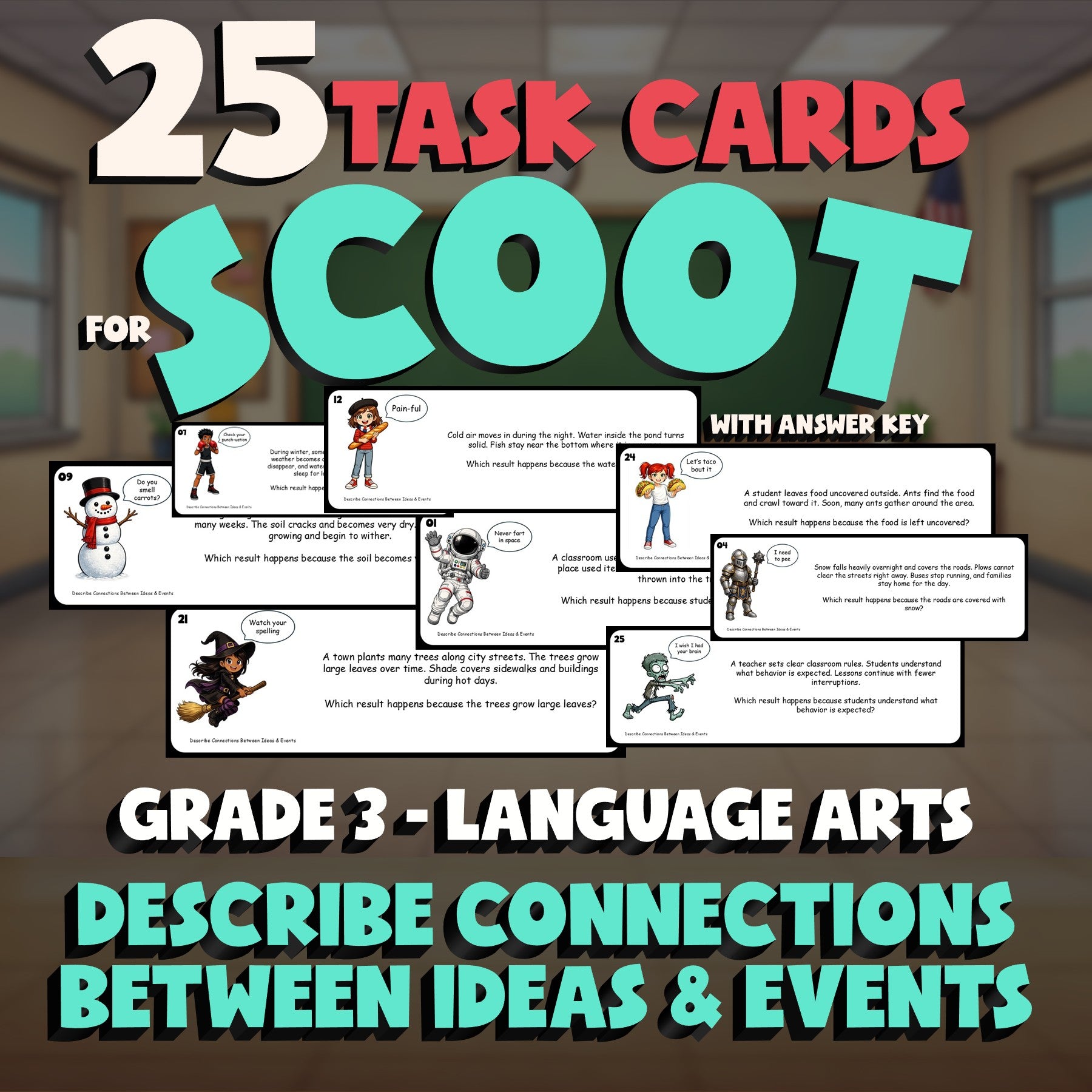 Describe Connections Between Ideas & Events SCOOT TASK CARDS ELA Game - Grade 3