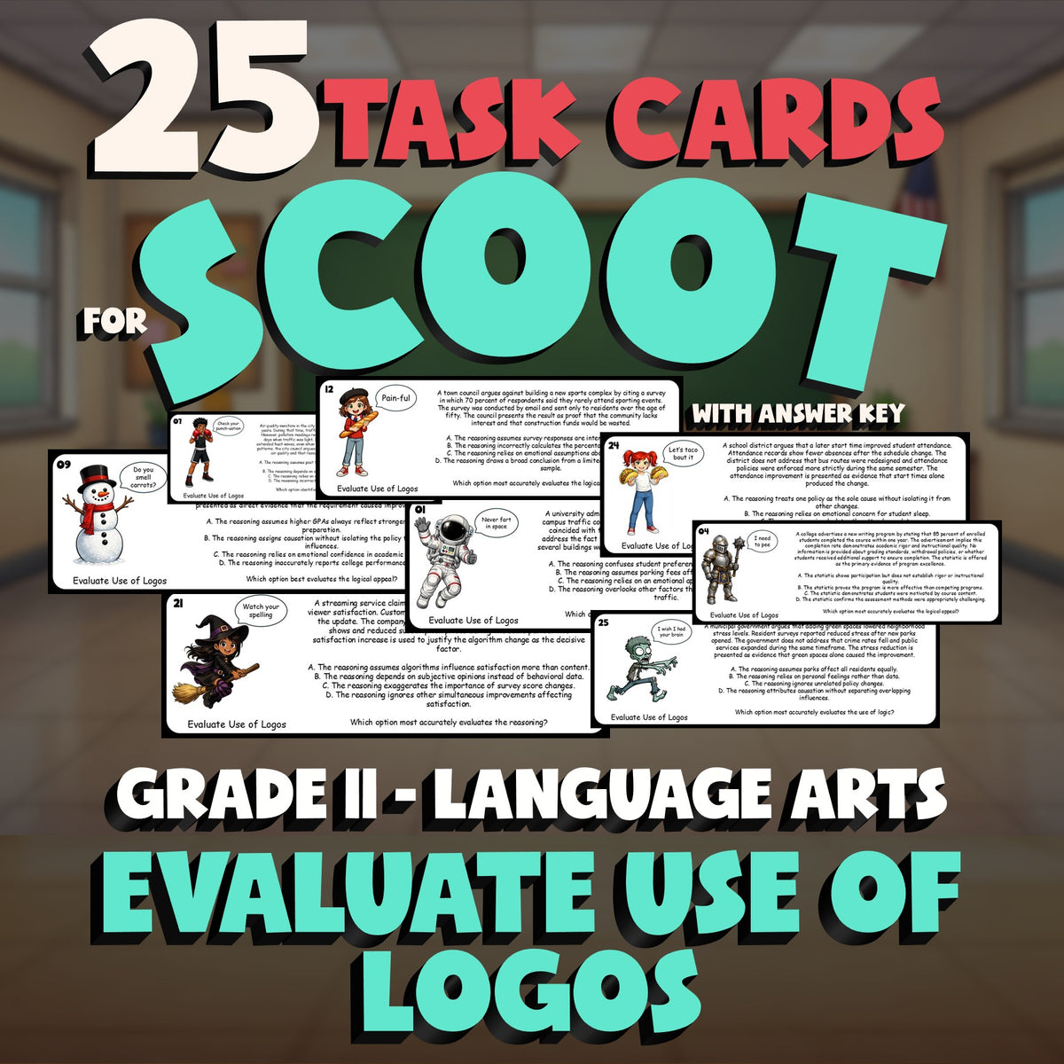 Evaluate Use of Logos SCOOT TASK CARDS ELA Game - No Prep Grade 11 Review