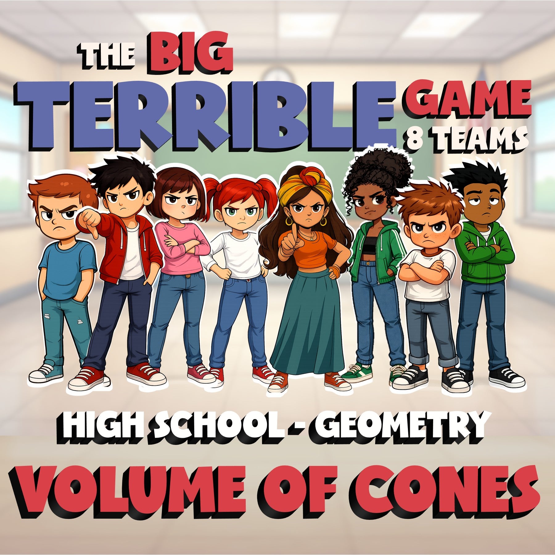 Volume of Cones BIG TERRIBLE GAME - No Prep Geometry Math Review Activity