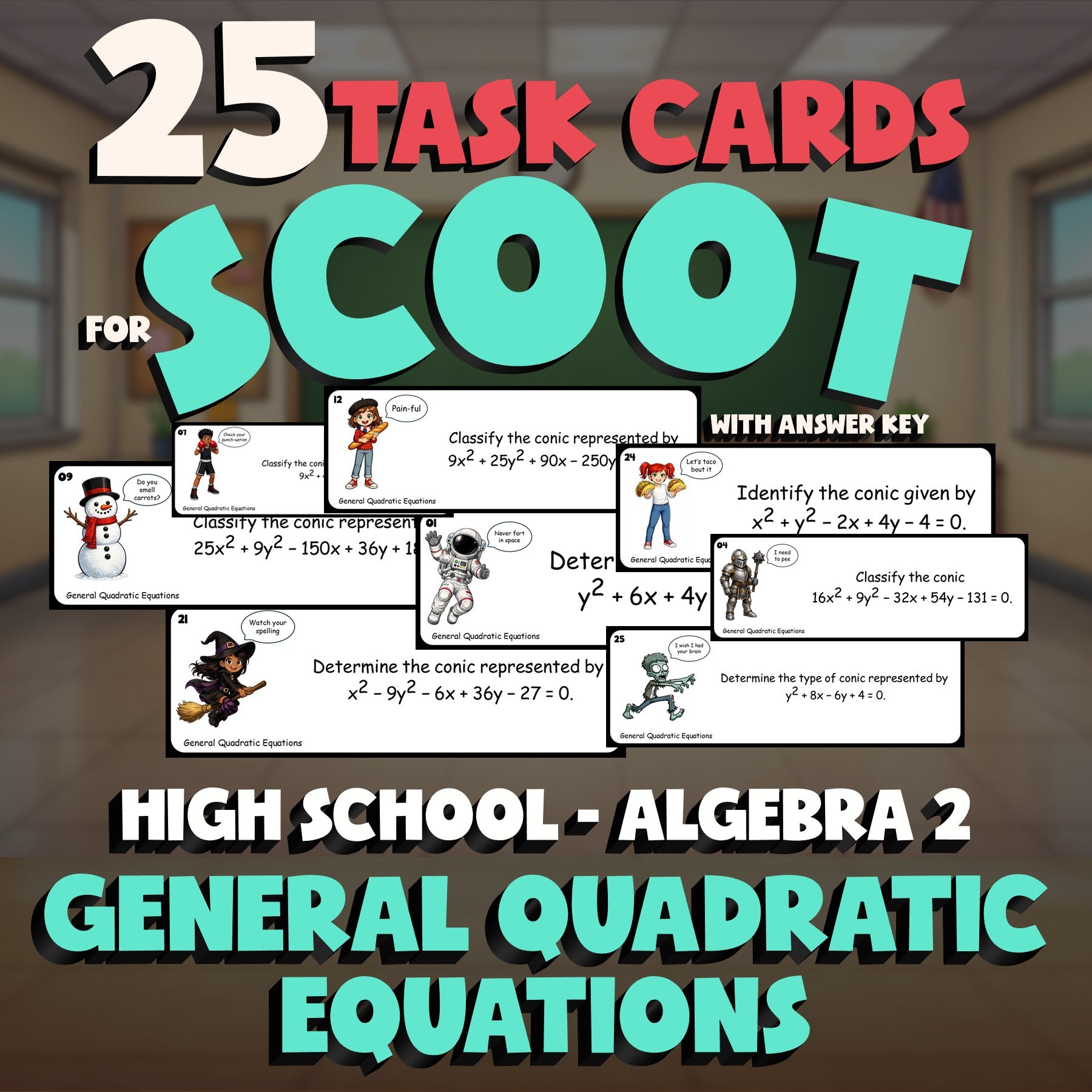 General Quadratic Equations SCOOT TASK CARDS Math Game - No Prep Algebra 2