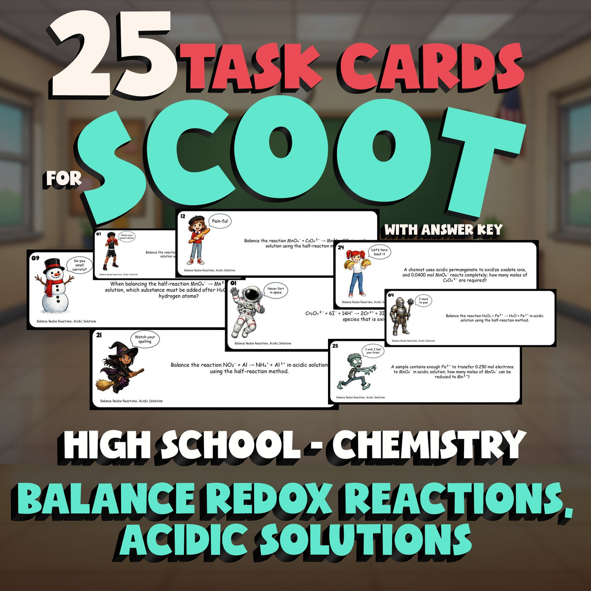 Balance Redox Reactions, Acidic Solutions SCOOT TASK CARDS Game Chemistry