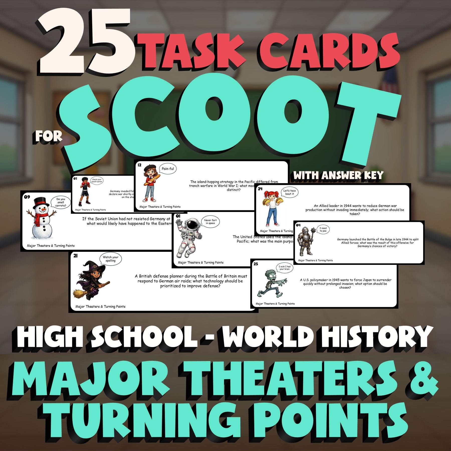 Major Theaters & Turning Points SCOOT TASK CARDS Game - No Prep World History