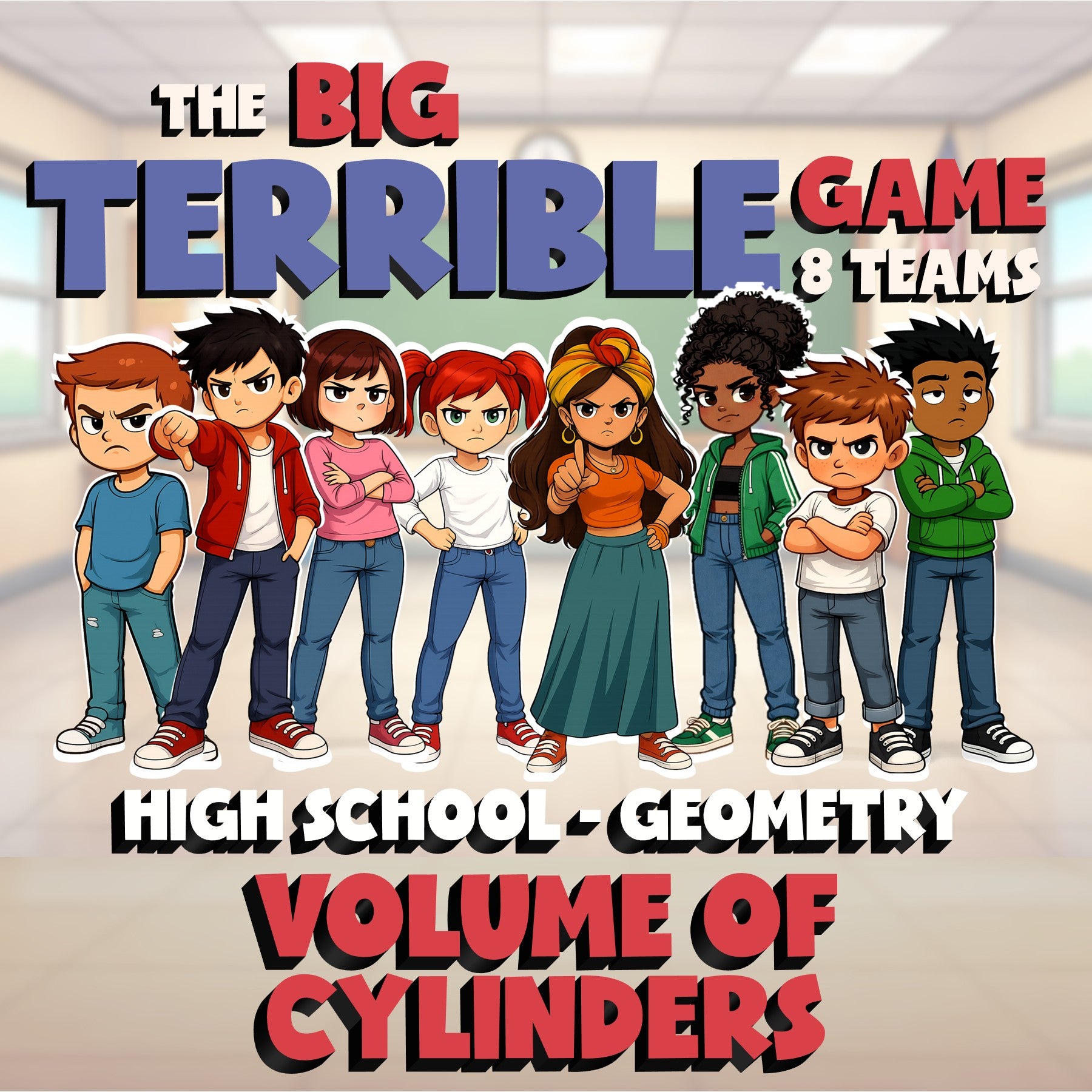 Volume of Cylinders BIG TERRIBLE GAME - No Prep Geometry Math Review Activity