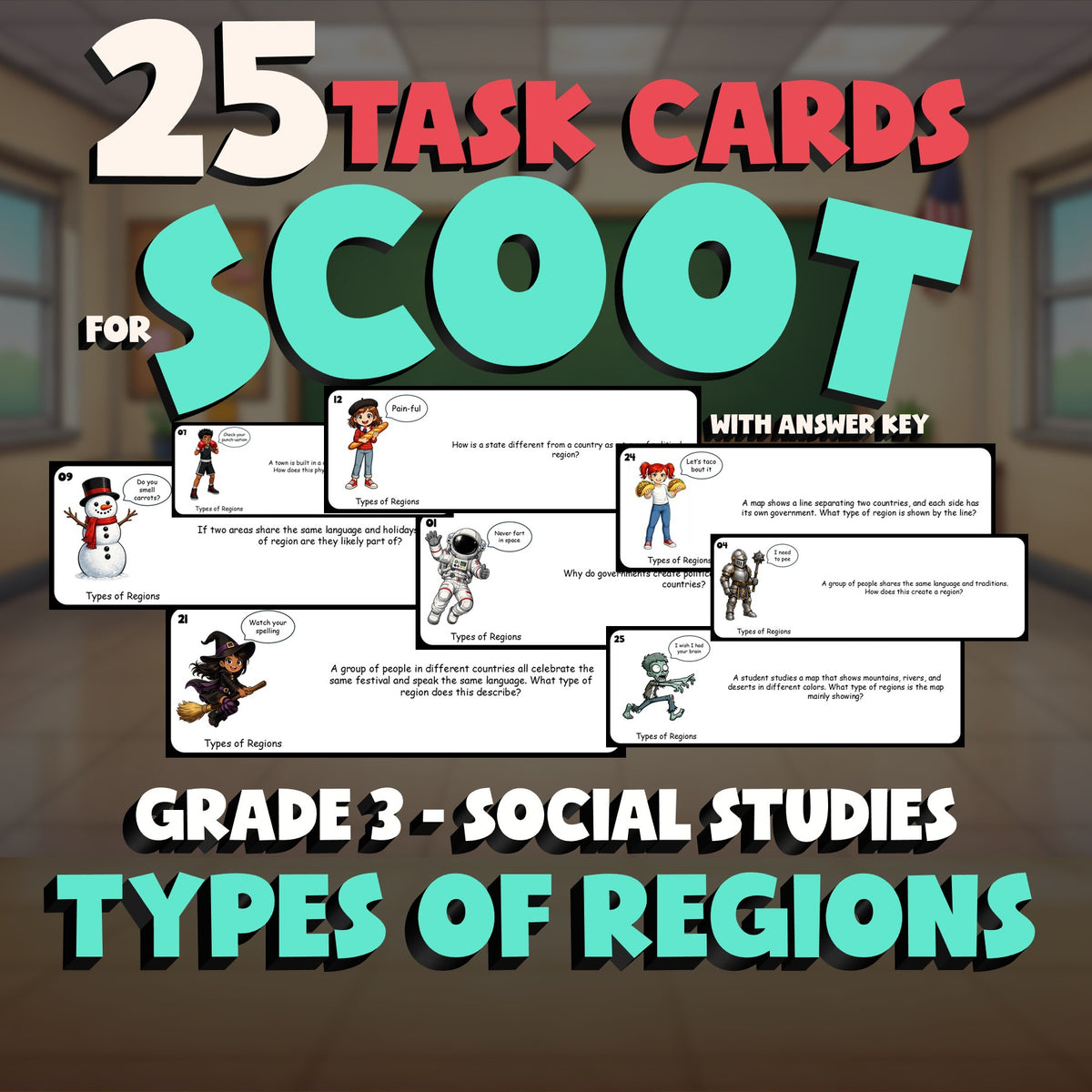 Types of Regions SCOOT TASK CARDS Socials Game - No Prep Grade 3 Review Activity