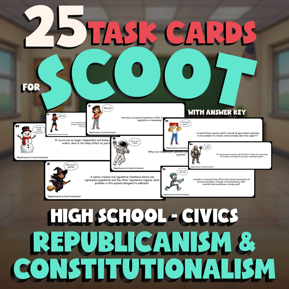 Republicanism & Constitutionalism SCOOT TASK CARDS Civics Game - No Prep Review