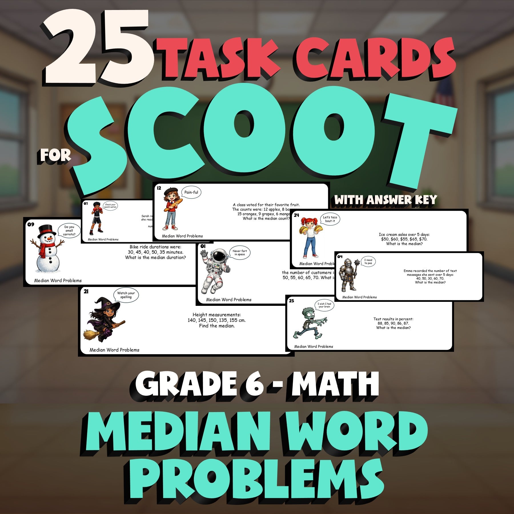 Median Word Problems SCOOT TASK CARDS Math Game - No Prep Grade 6 Review