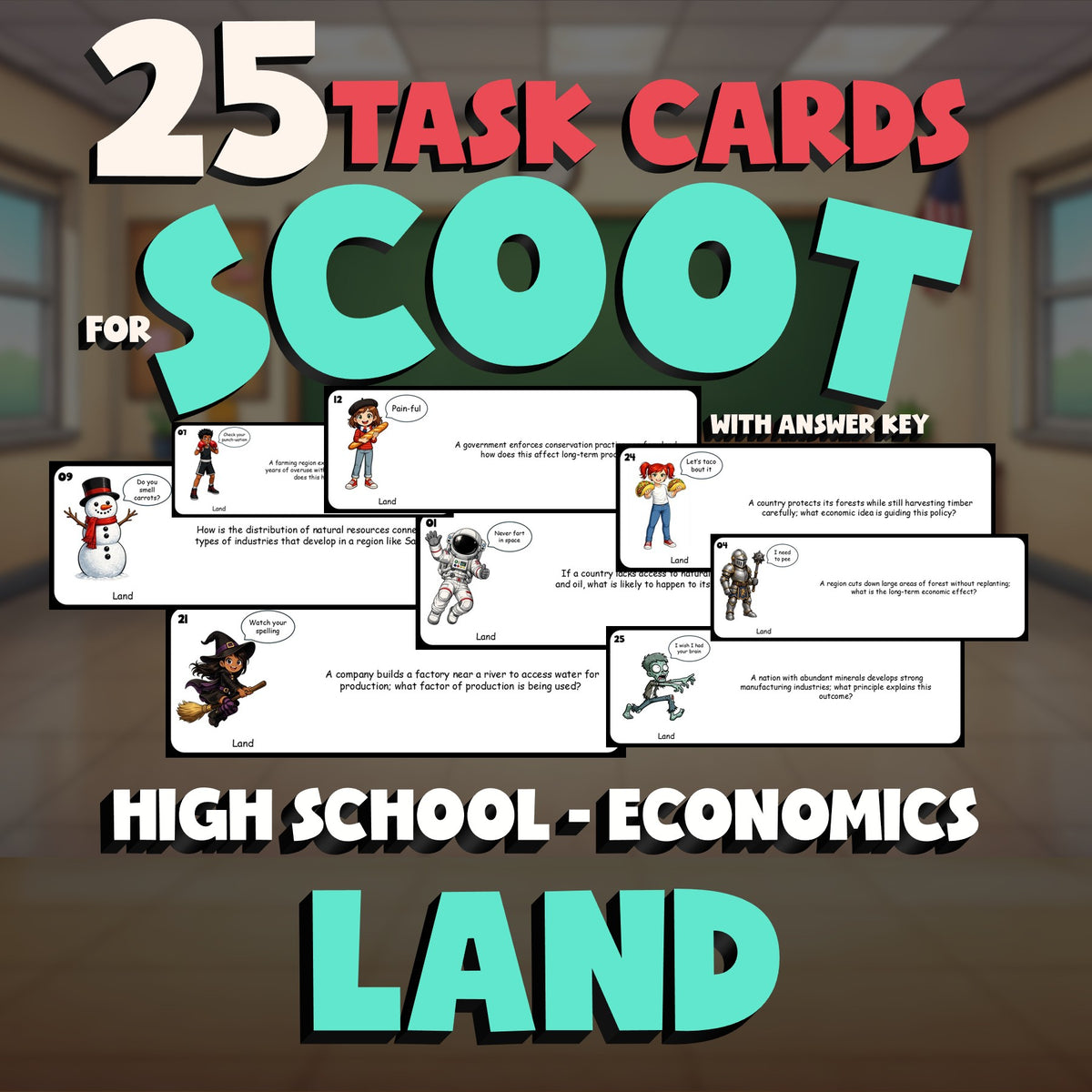 Land SCOOT TASK CARDS Economics Game - No Prep Review Activity