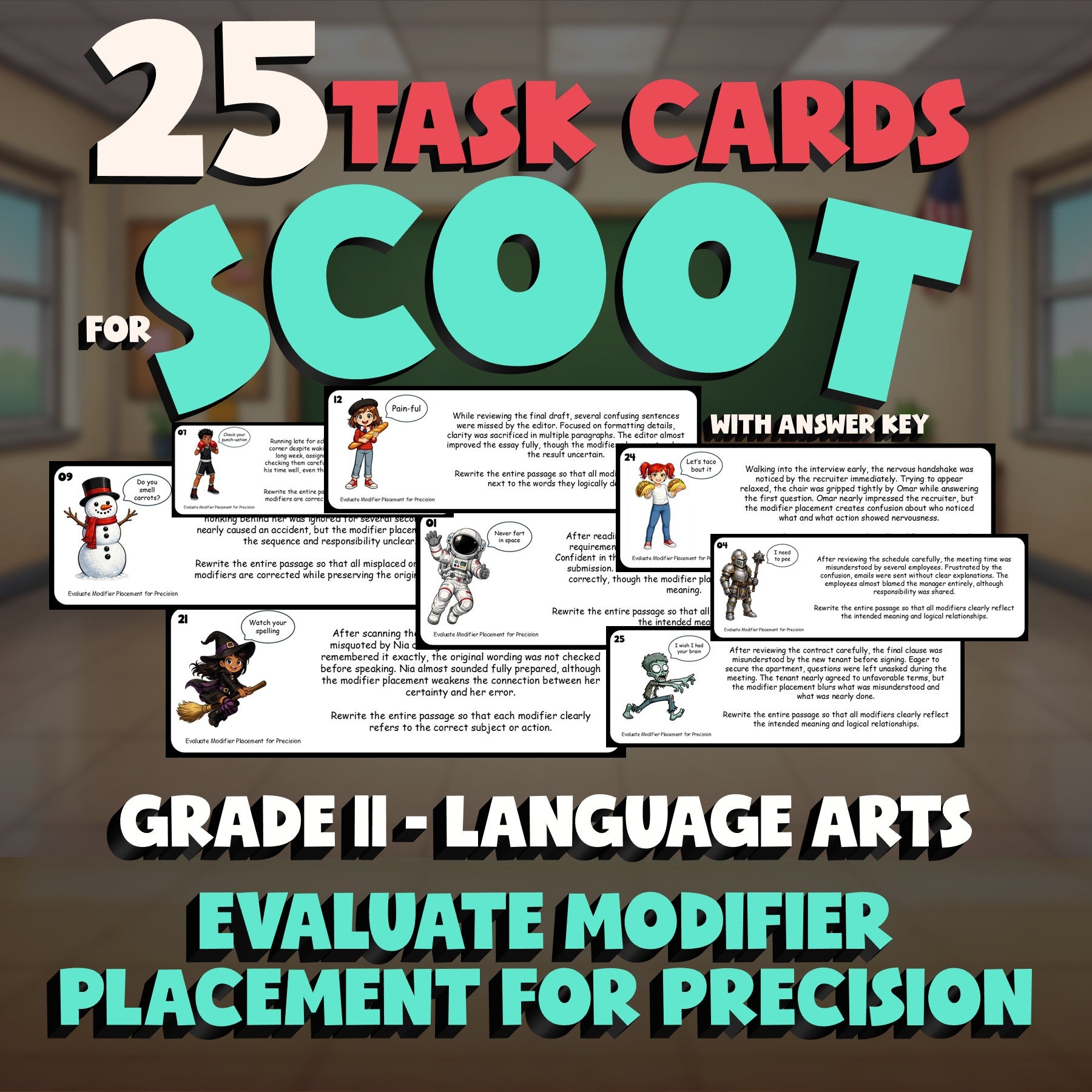 Evaluate Modifier Placement for Precision SCOOT TASK CARDS ELA Game - Grade 11
