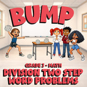 Division Two Step Word Problems BUMP Math Game - No Prep Grade 3 Review Activity