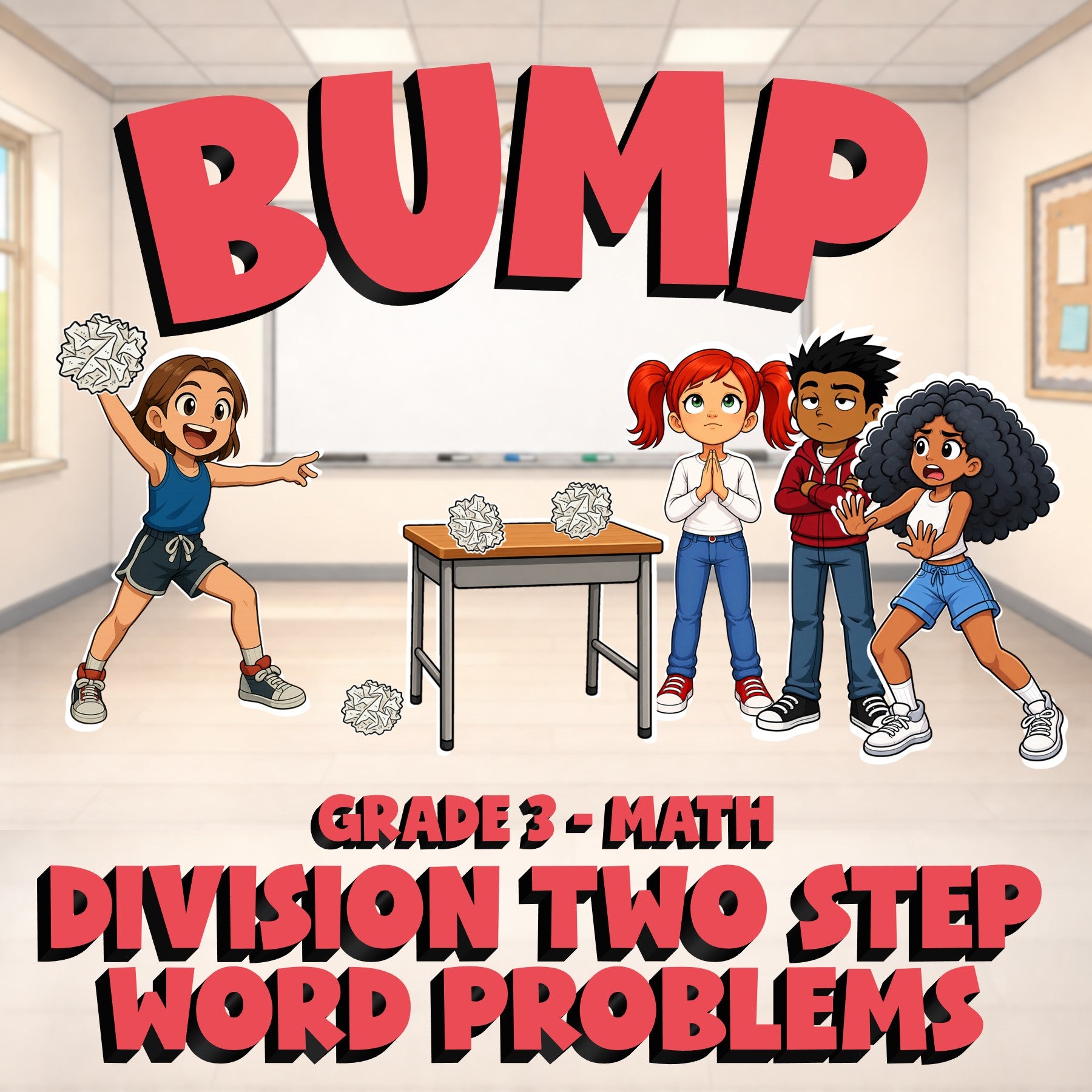 Division Two Step Word Problems BUMP Math Game - No Prep Grade 3 Review Activity
