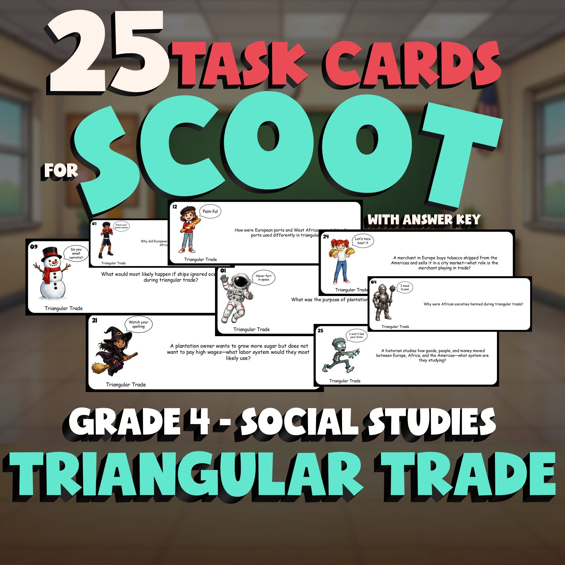 Triangular Trade SCOOT TASK CARDS Socials Game - No Prep Grade 4 Review Activity