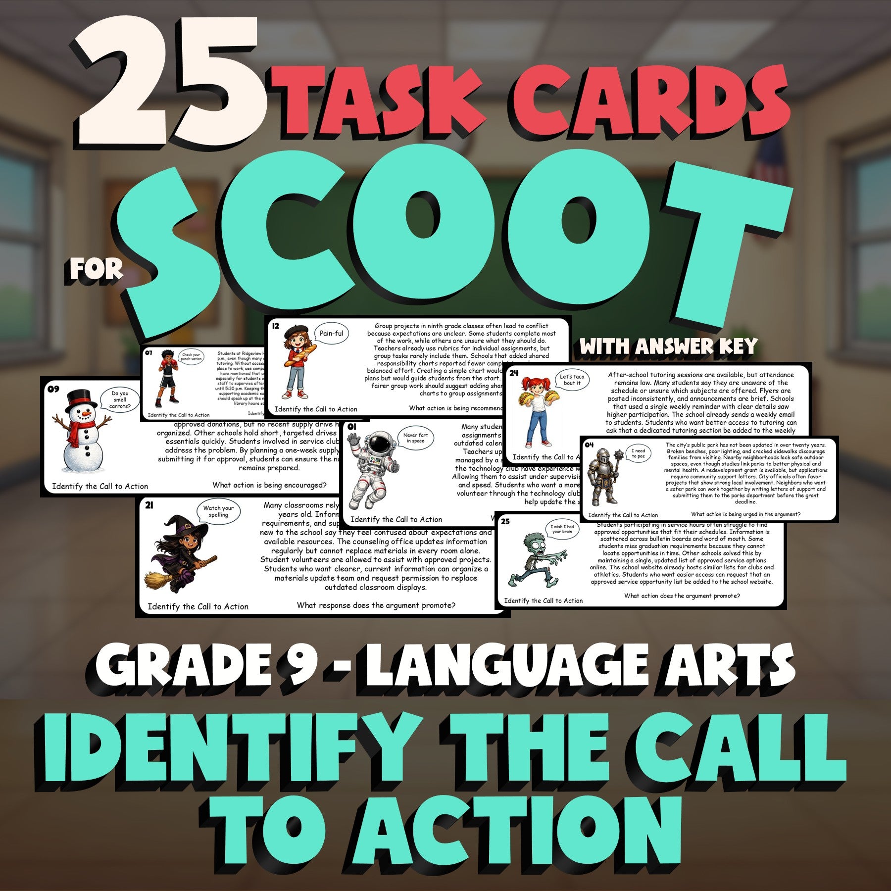 Identify the Call to Action SCOOT TASK CARDS ELA Game - No Prep Grade 9 Review