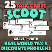 Real World Tax & Discounts Problems SCOOT TASK CARDS Math Game - No Prep Grade 7