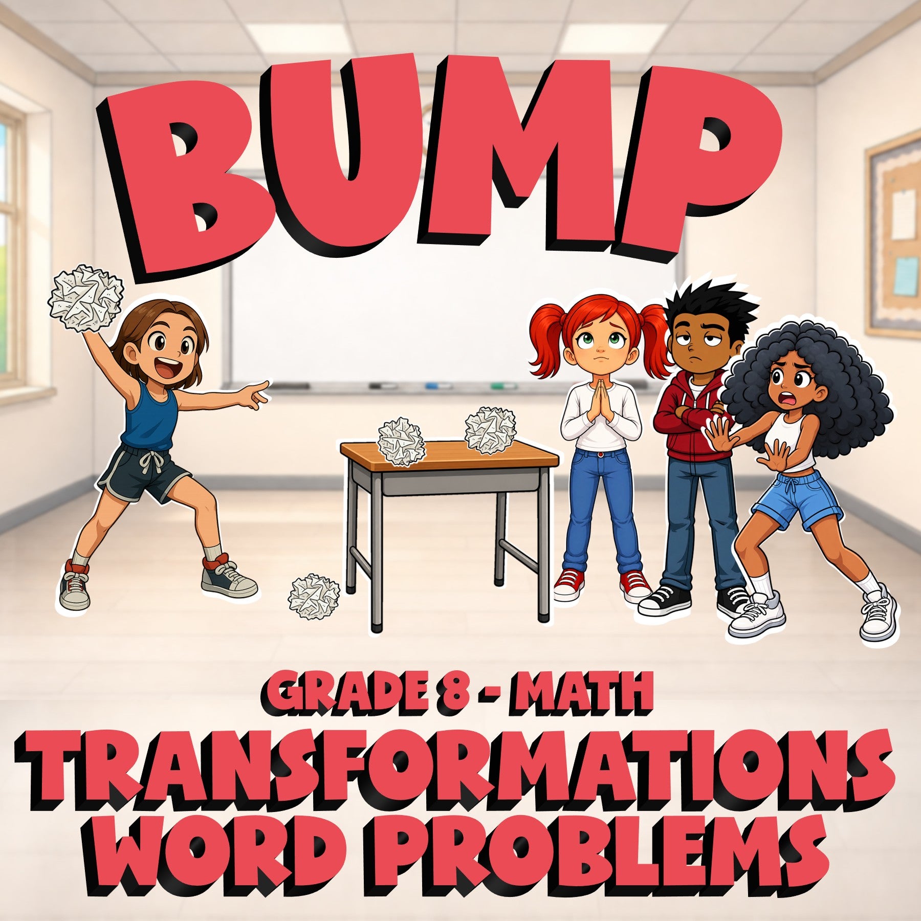 Transformations Word Problems BUMP Math Game - No Prep Grade 8 Review Activity