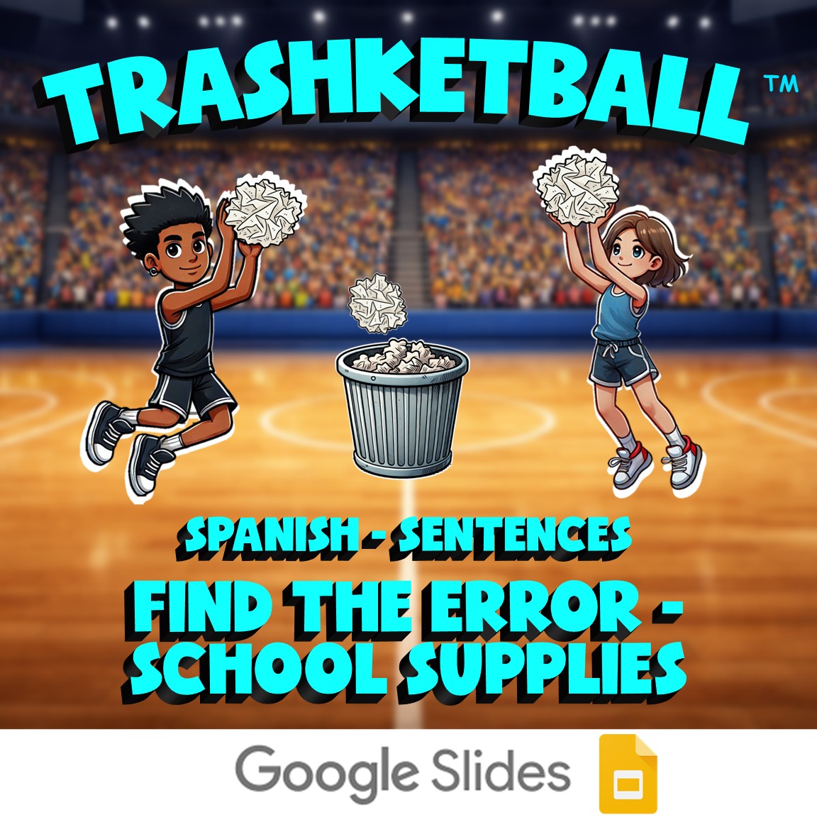 Find the Error - School Supplies TRASHKETBALL Spanish Game - No Prep Exercise