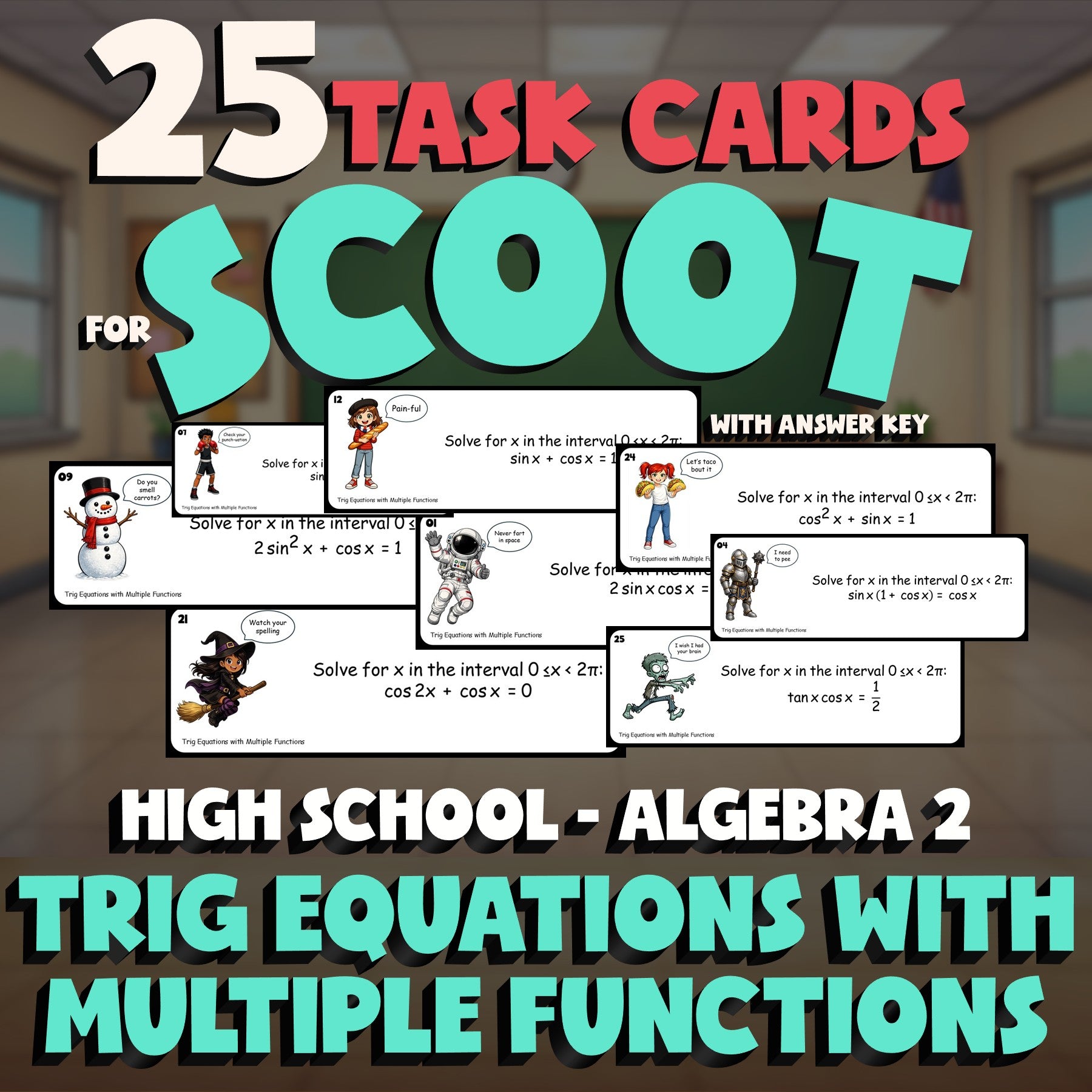 Trig Equations with Multiple Functions SCOOT TASK CARDS Math Game - Algebra 2