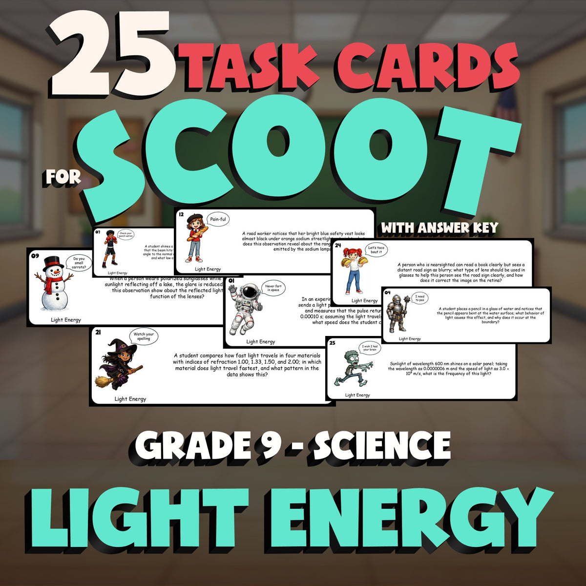 Light Energy SCOOT TASK CARDS Science Game - No Prep Grade 9 Review Activity