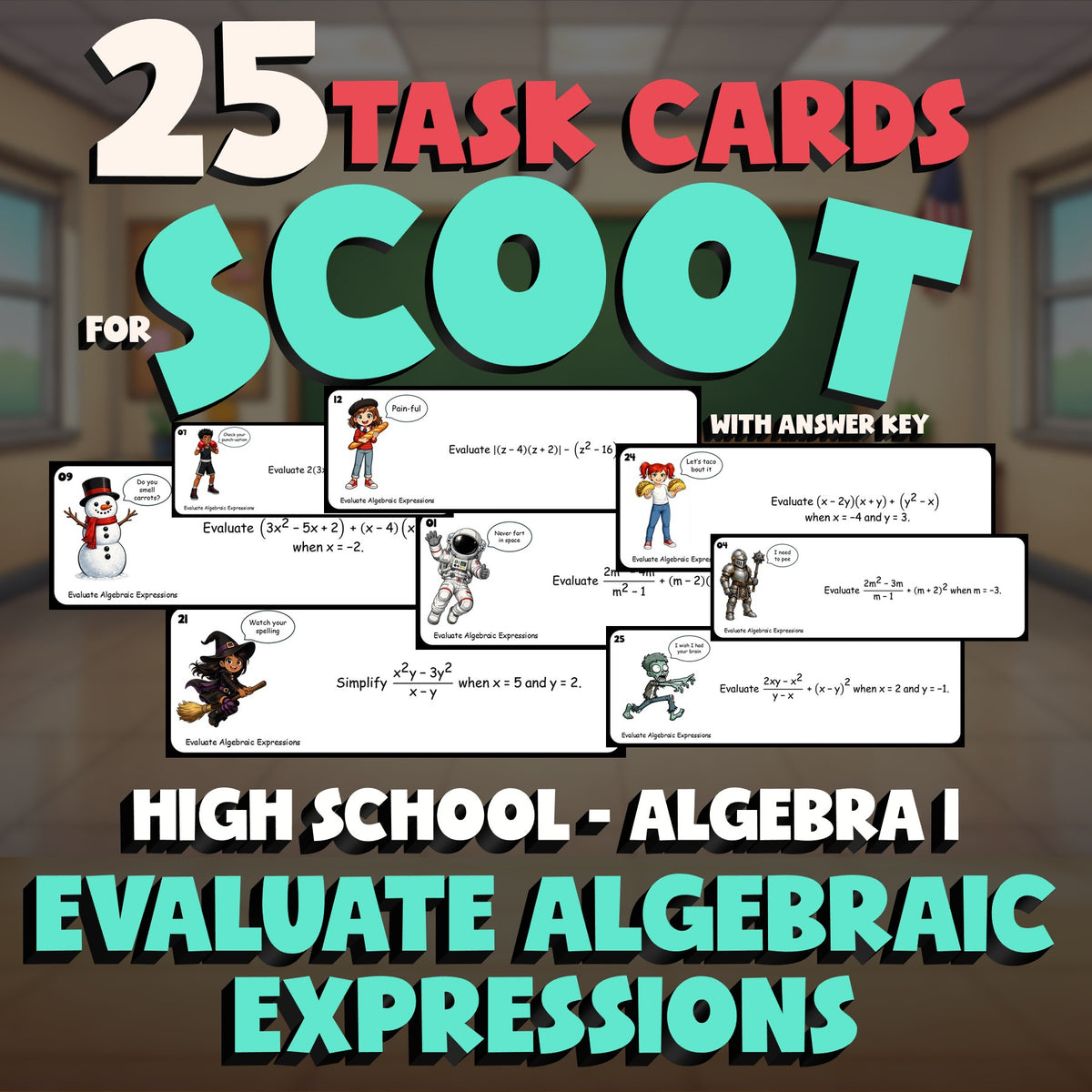 Evaluate Algebraic Expressions SCOOT TASK CARDS Math Game - No Prep Algebra 1