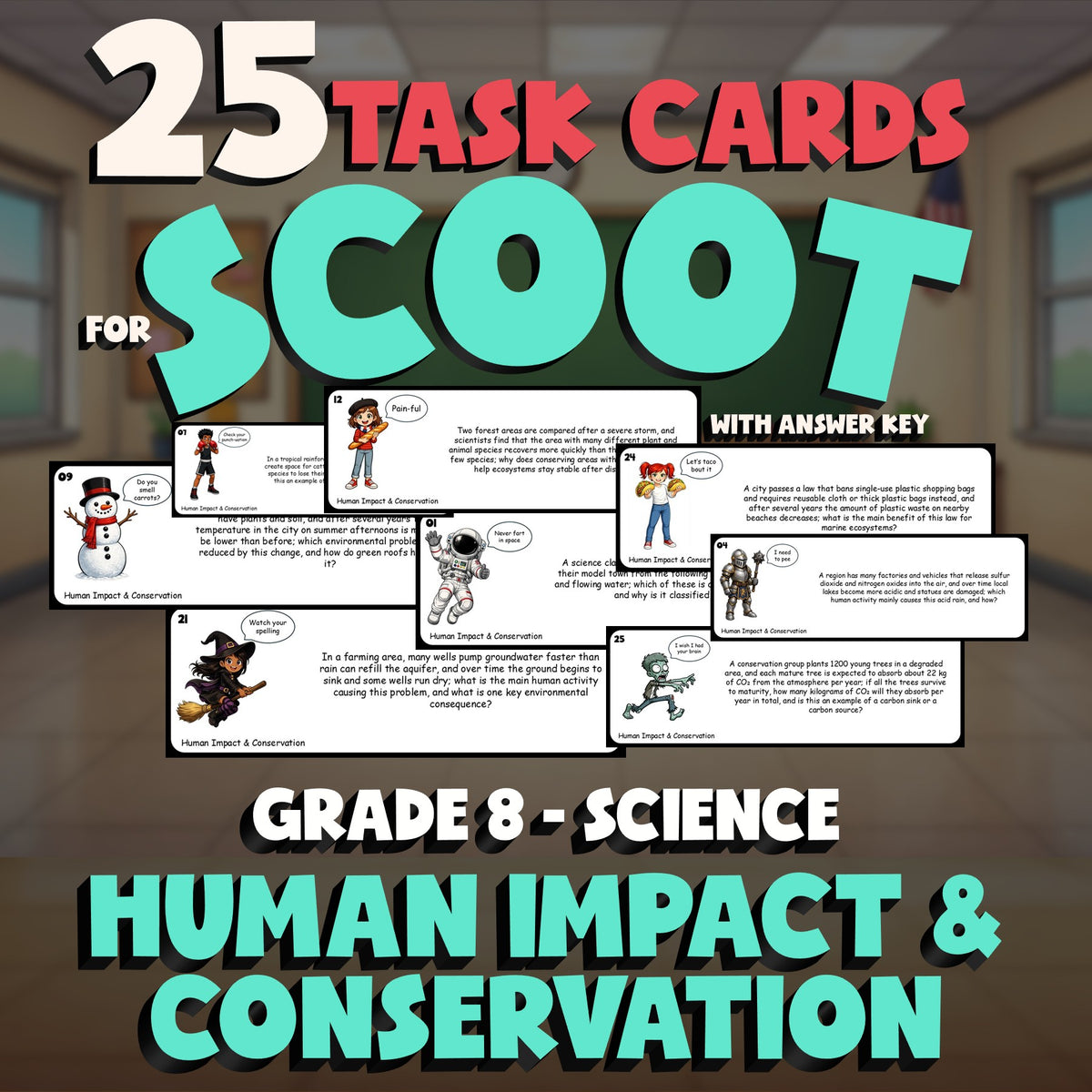 Human Impact & Conservation SCOOT TASK CARDS Science Game - No Prep Grade 8