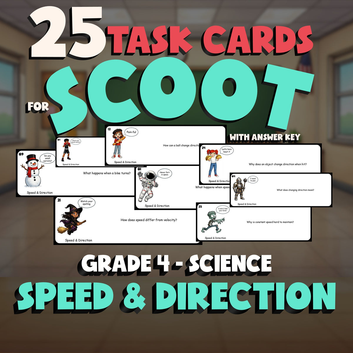 Speed & Direction SCOOT TASK CARDS Science Game - No Prep Grade 4 Review
