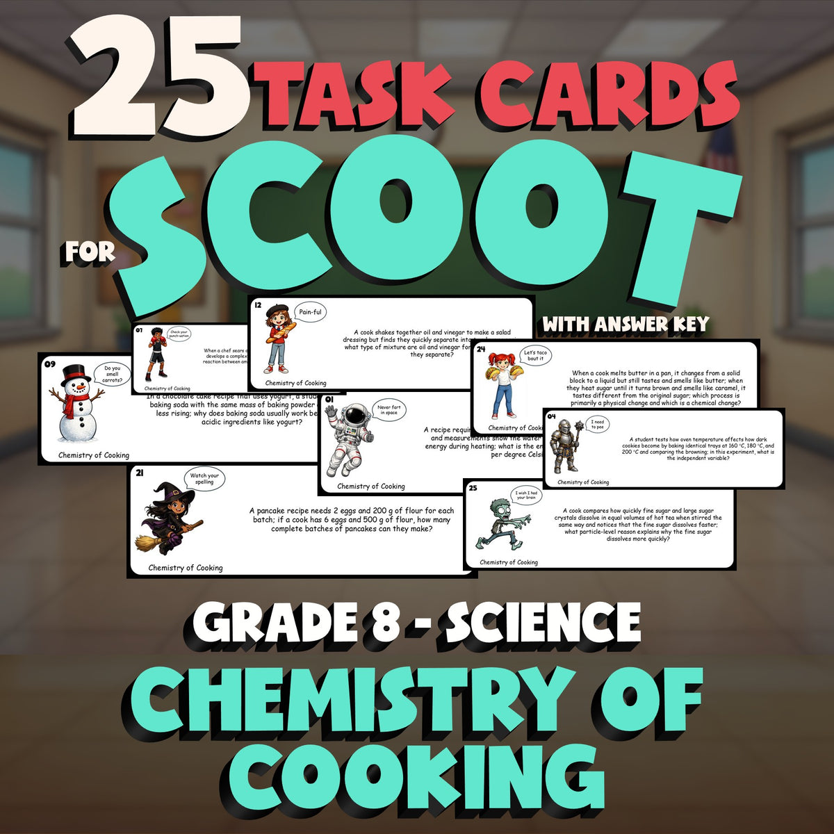 Chemistry of Cooking SCOOT TASK CARDS Science Game - No Prep Grade 8 Review