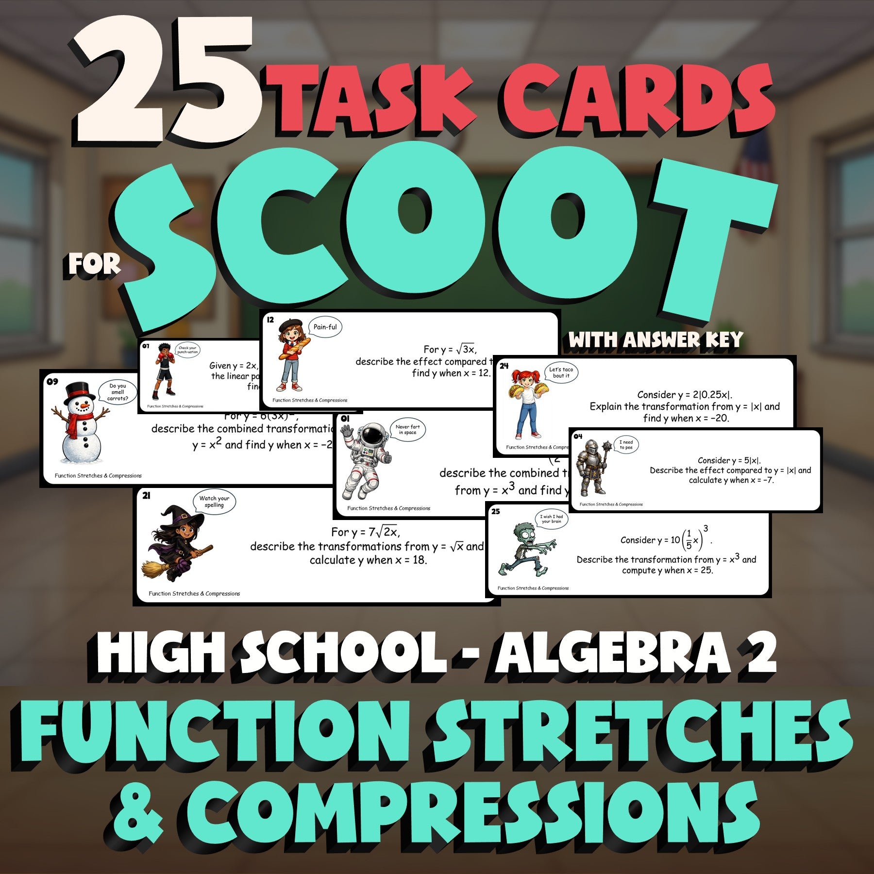 Function Stretches & Compressions SCOOT TASK CARDS Math Game - No Prep Algebra 2
