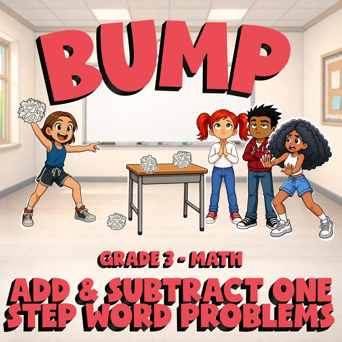 Add & Subtract One Step Word Problems BUMP Math Game - No Prep Grade 3 Review