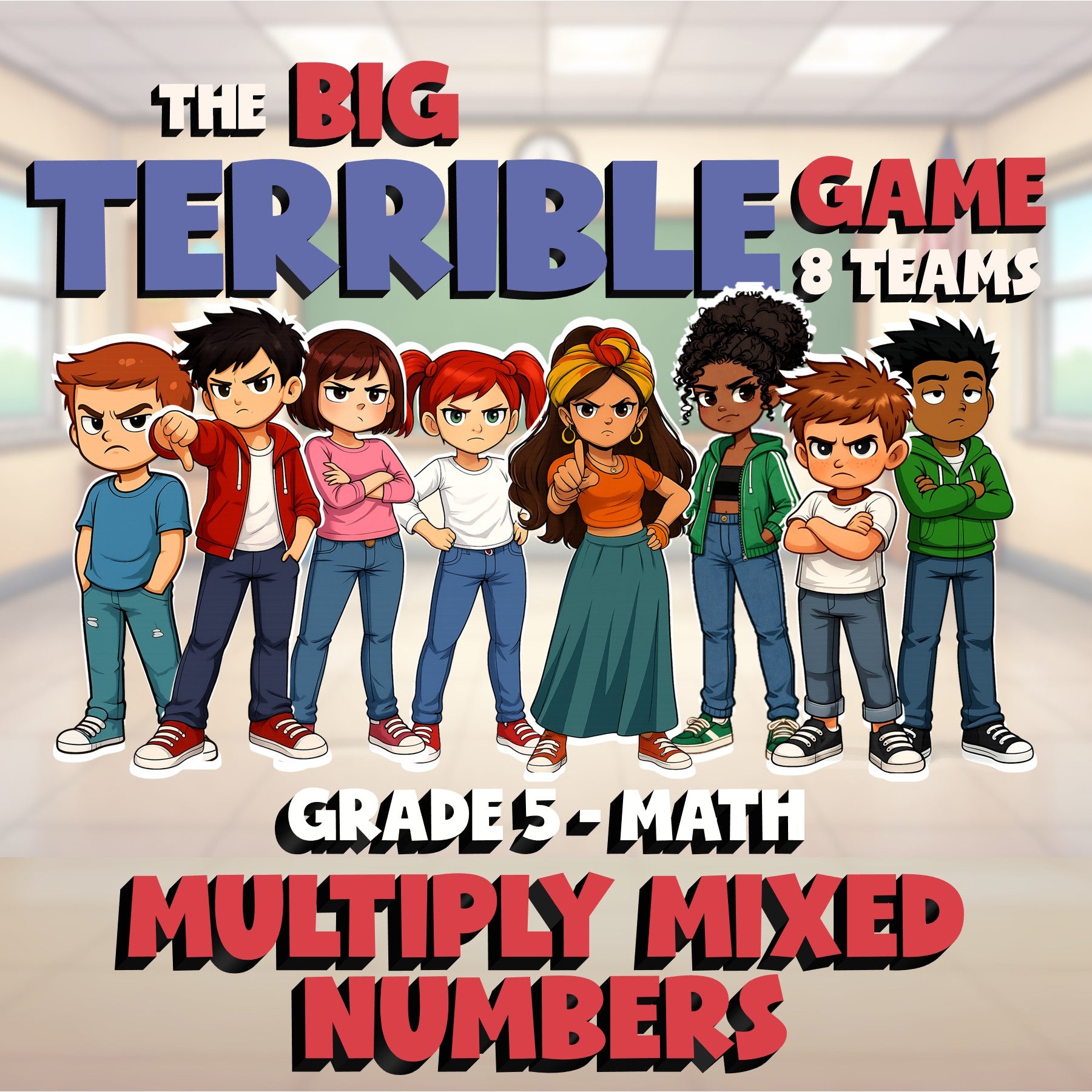 Multiply Mixed Numbers BIG TERRIBLE GAME - No Prep Grade 5 Math Review Activity