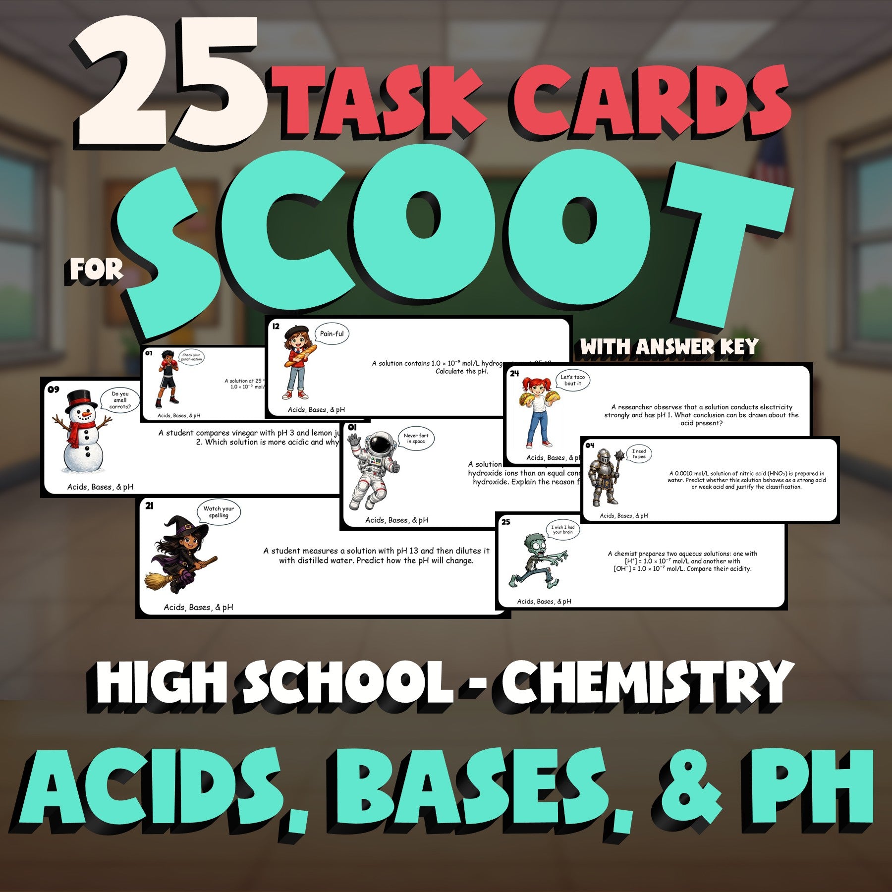 Acids, Bases, & pH SCOOT TASK CARDS Science Game - No Prep Chemistry Review