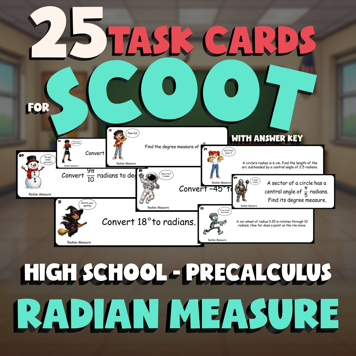 Radian Measure SCOOT TASK CARDS Math Game - No Prep PreCalculus Review Activity