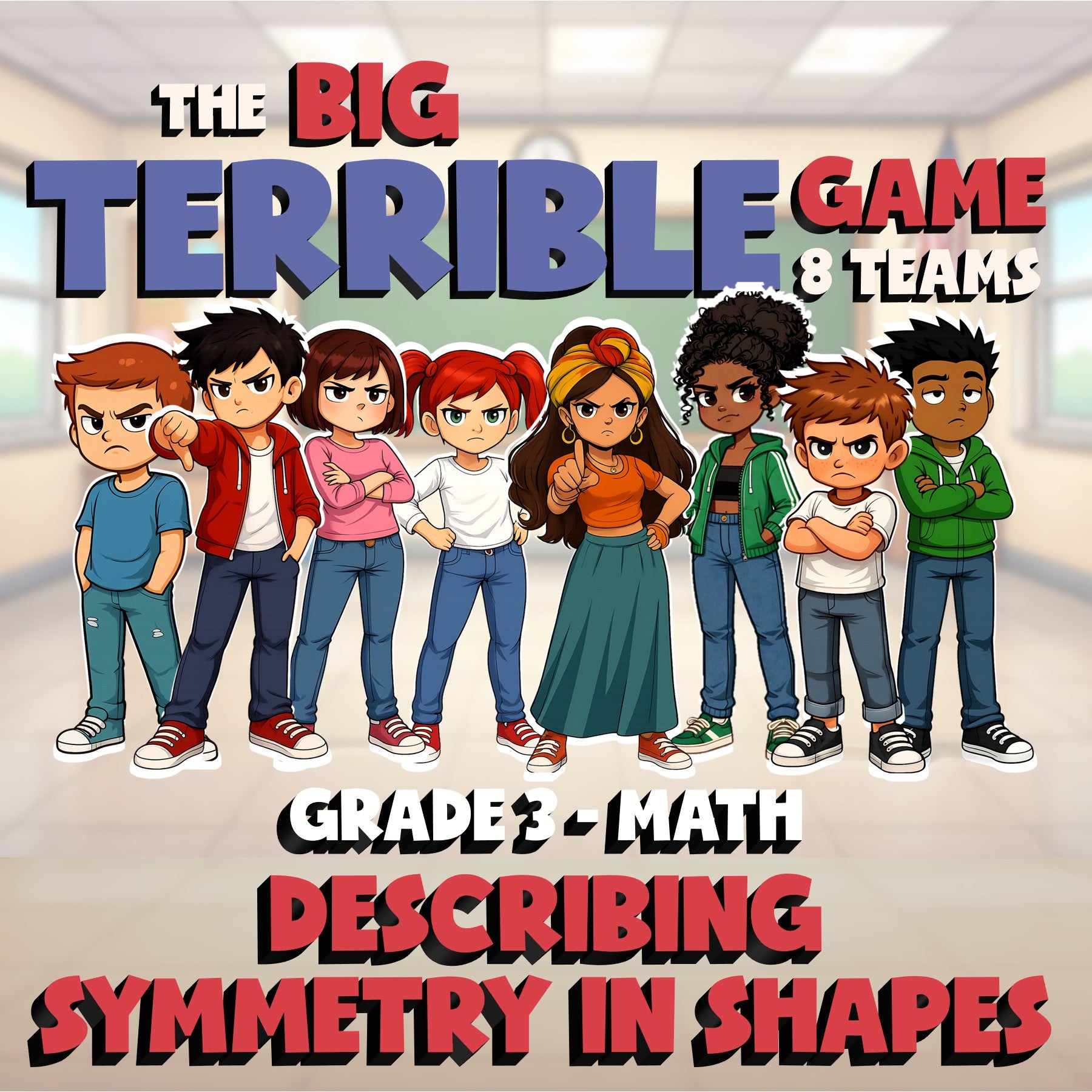 Describing Symmetry in Shapes BIG TERRIBLE GAME - No Prep Grade 3 Math Review