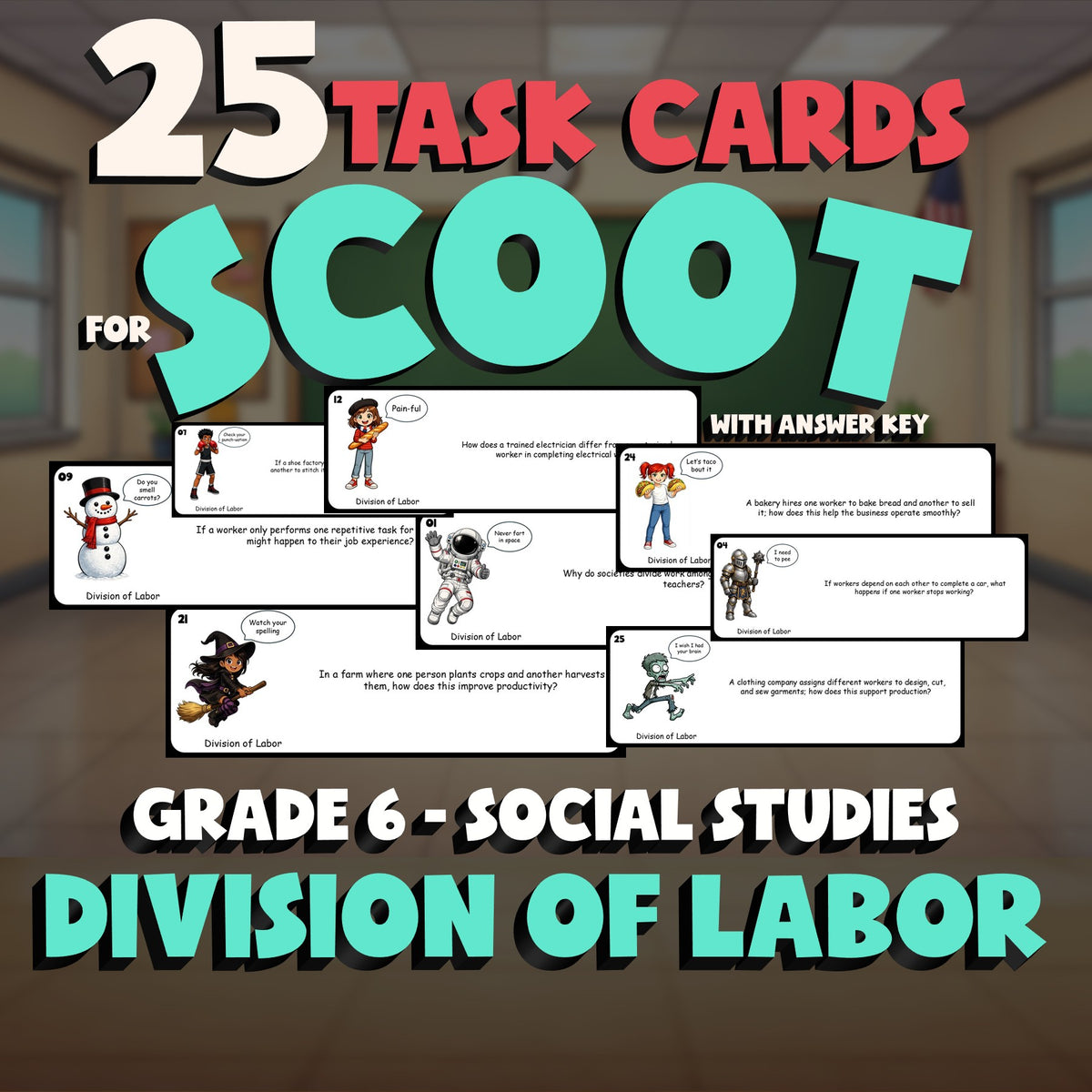 Division of Labor SCOOT TASK CARDS Socials Game - No Prep Grade 6 Review
