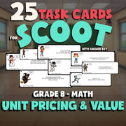 Unit Pricing & Value SCOOT TASK CARDS Math Game - No Prep Grade 8 Review
