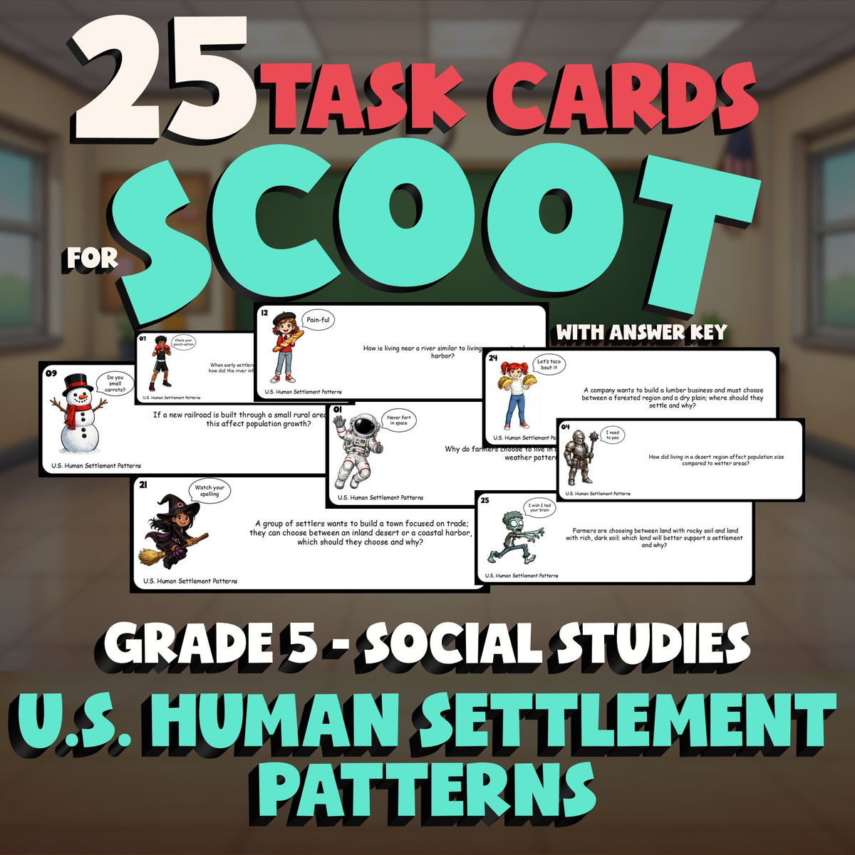 U.S. Human Settlement Patterns SCOOT TASK CARDS Socials Game - No Prep Grade 5