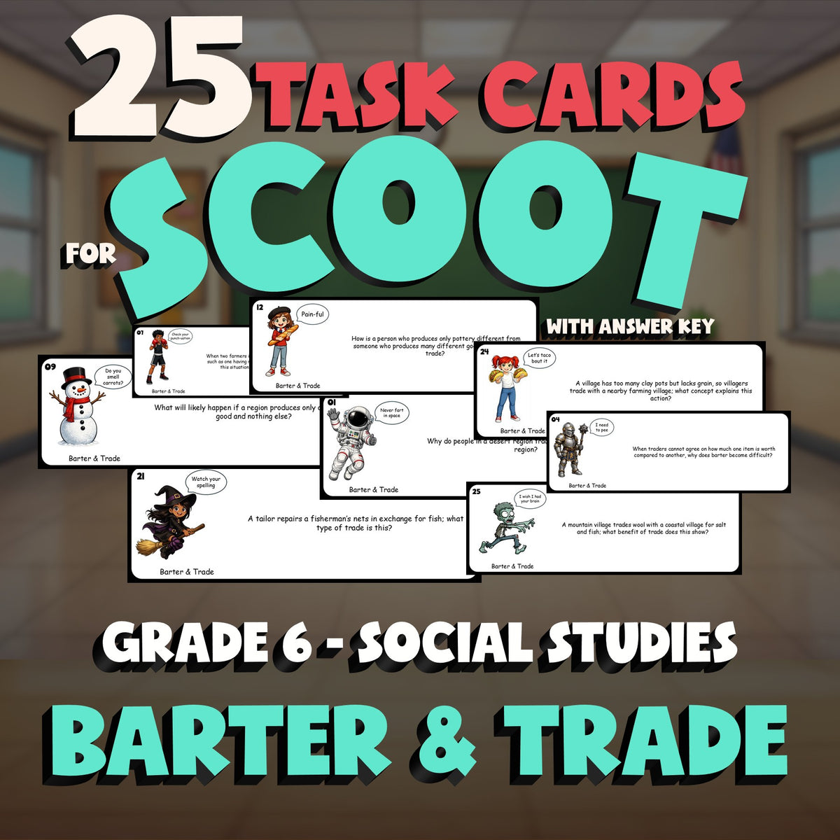 Barter & Trade SCOOT TASK CARDS Socials Game - No Prep Grade 6 Review Activity