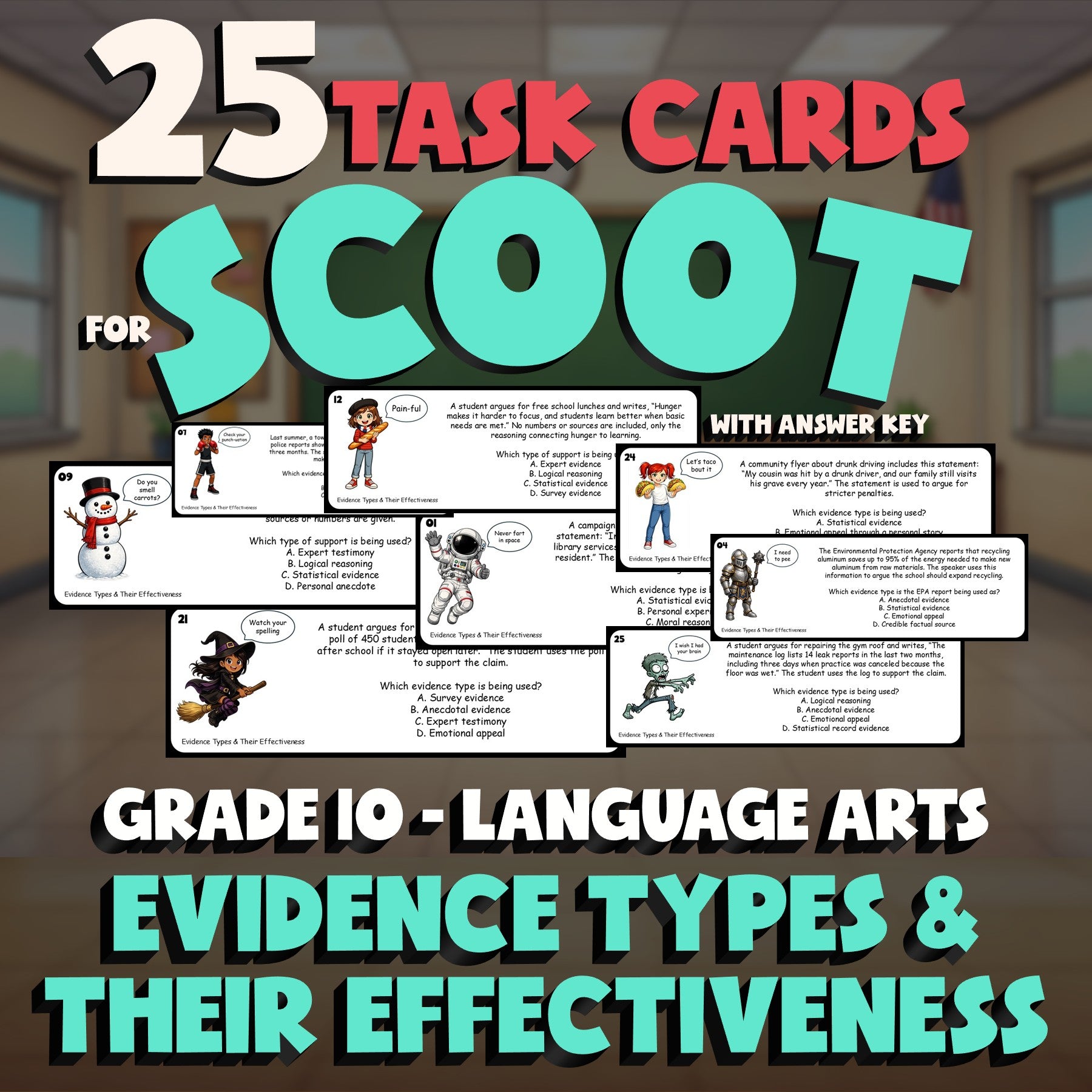 Evidence Types & Their Effectiveness SCOOT TASK CARDS ELA Game - Grade 10