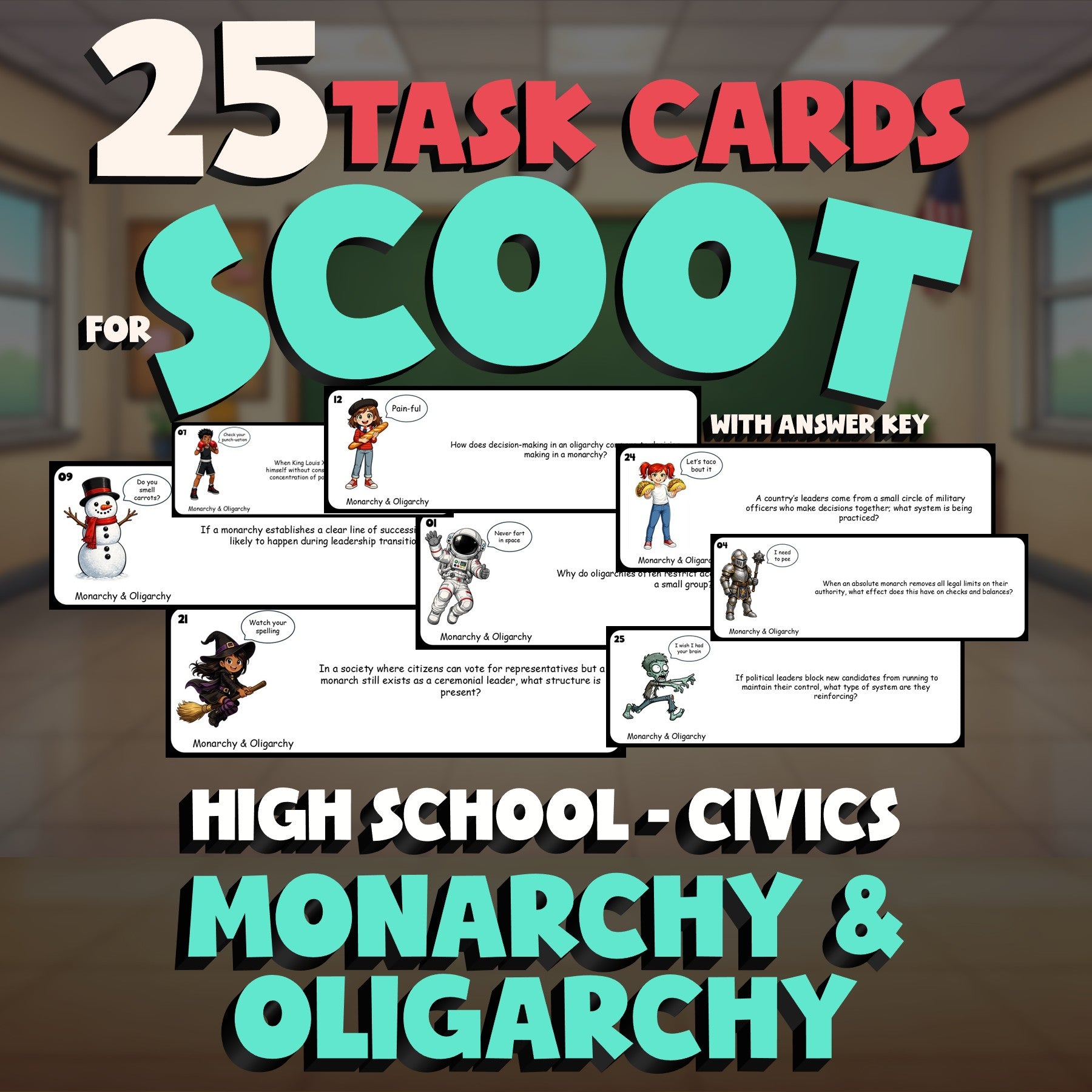 Monarchy & Oligarchy SCOOT TASK CARDS Civics Game - No Prep Review Activity